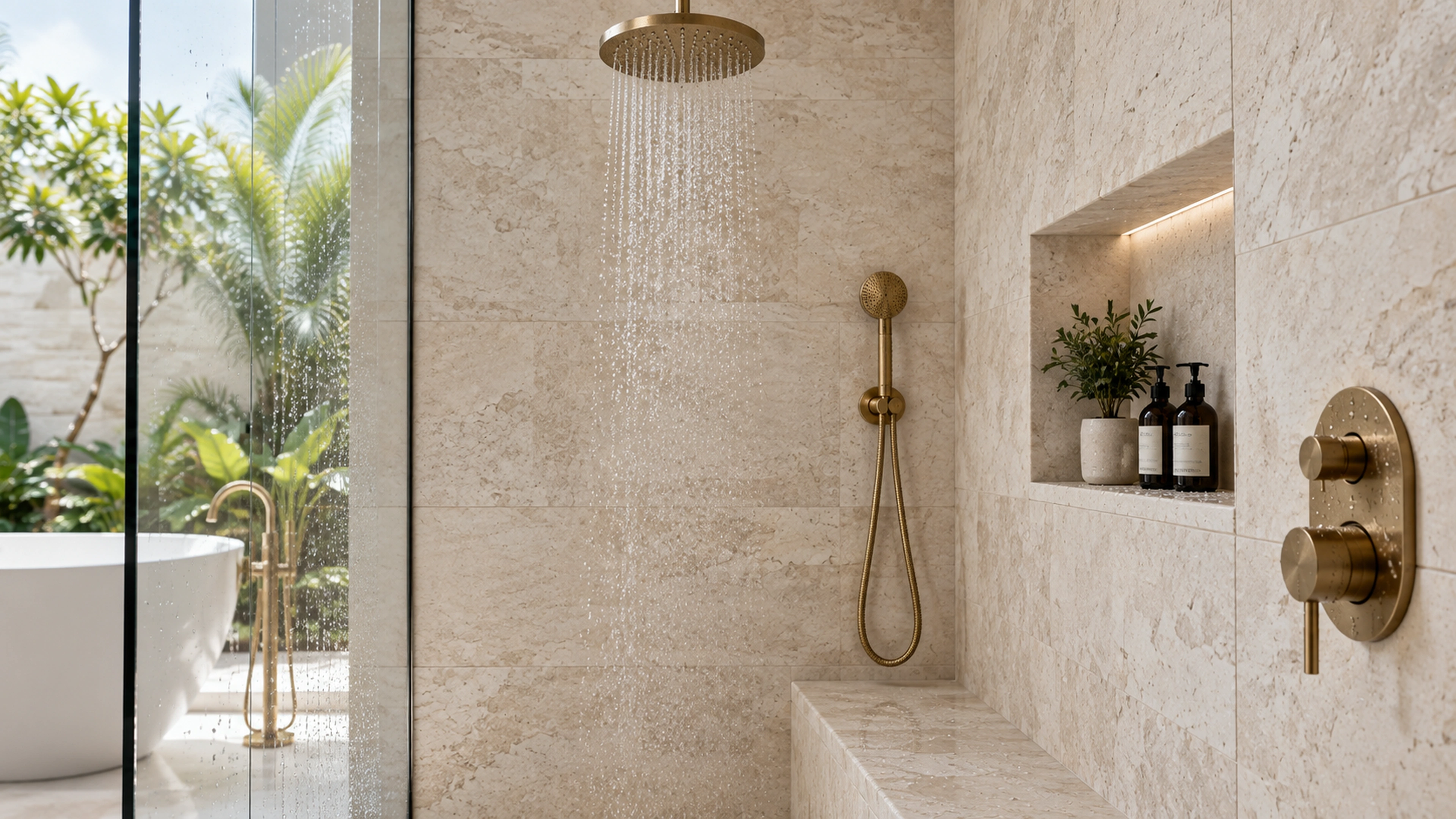 Limestone Bathroom — inside the shower; design-concept visualization.