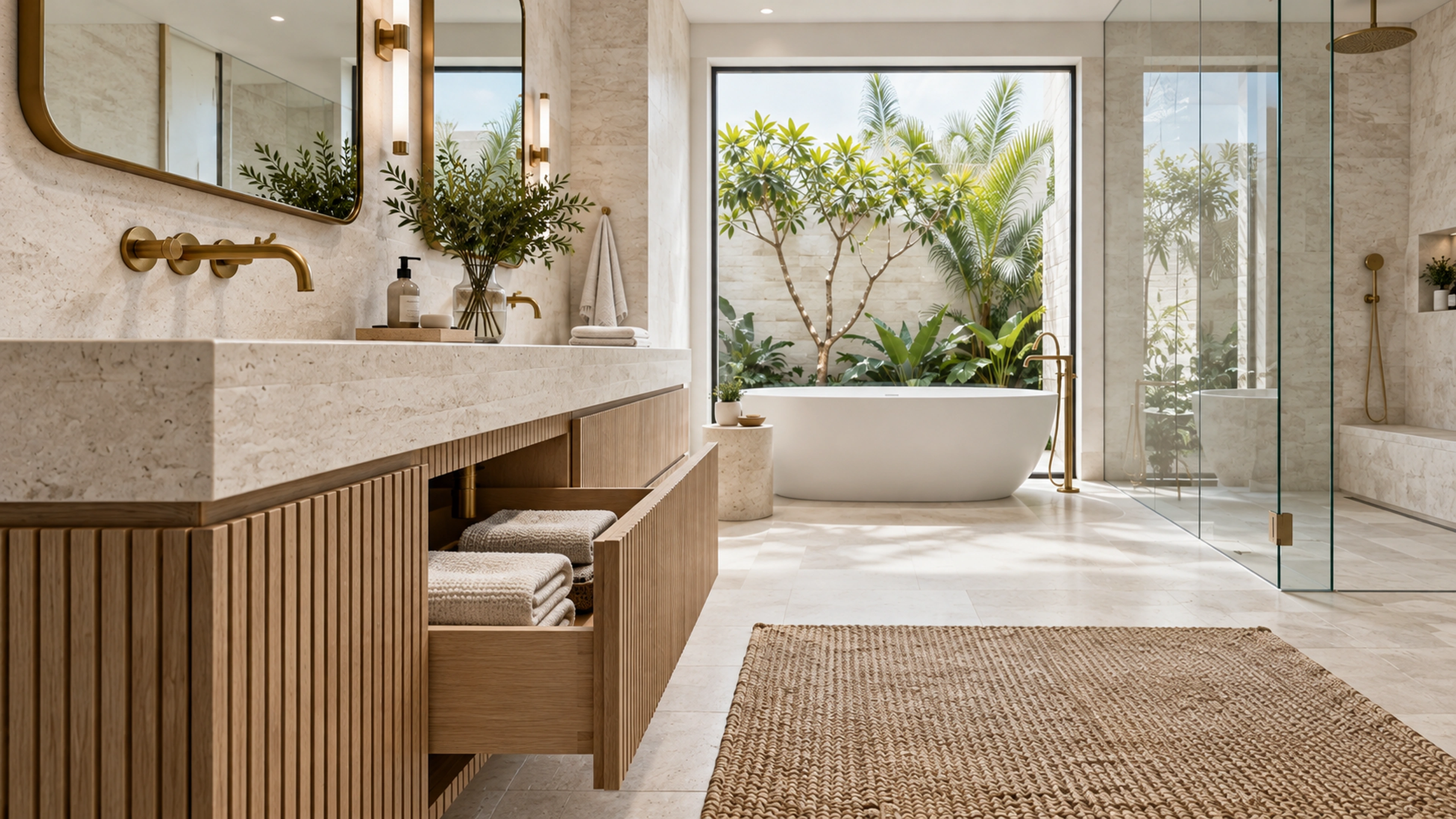 Limestone Bathroom — storage by the vanity; design-concept visualization.