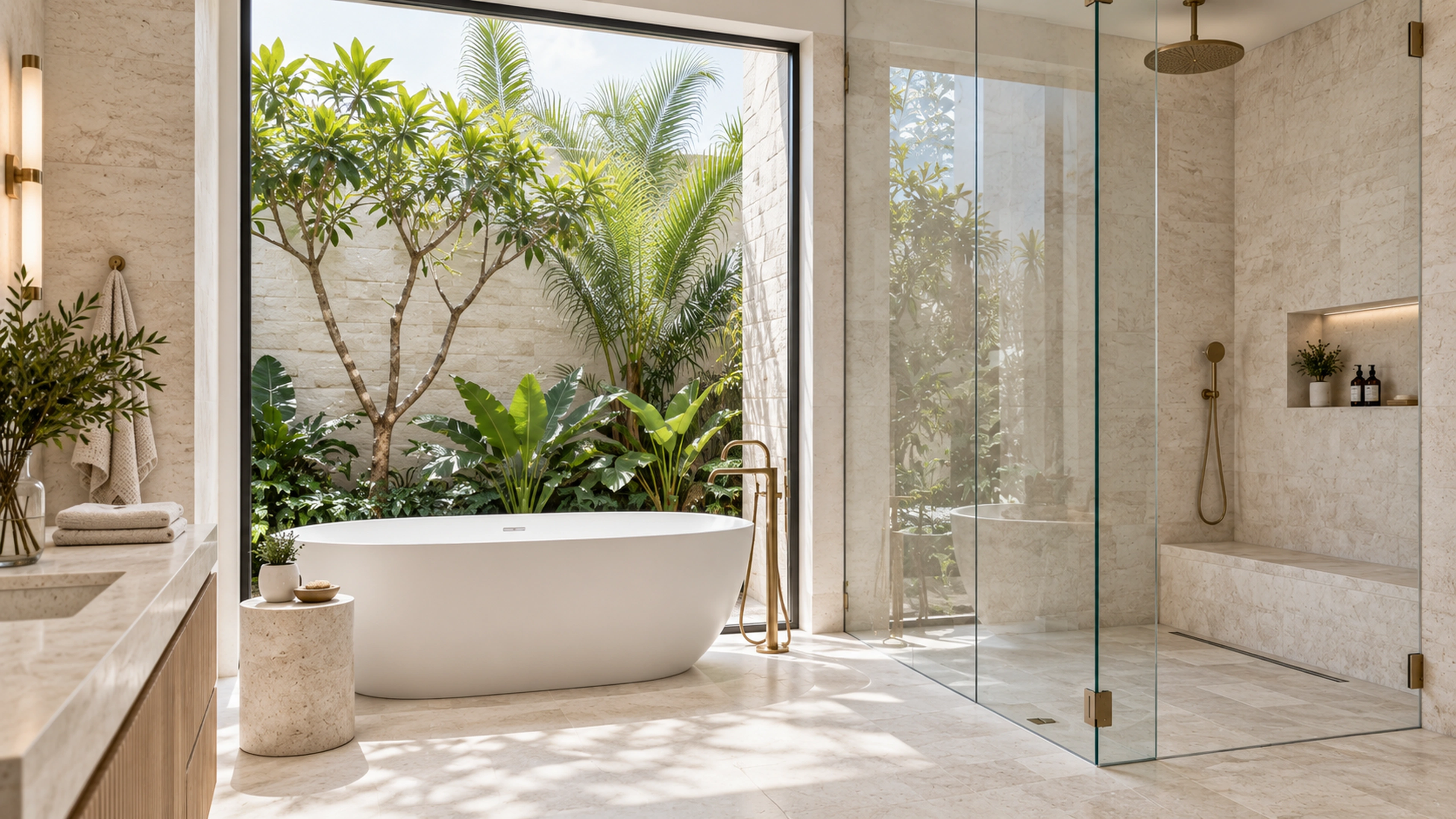 Limestone Bathroom — daylight and privacy; design-concept visualization.