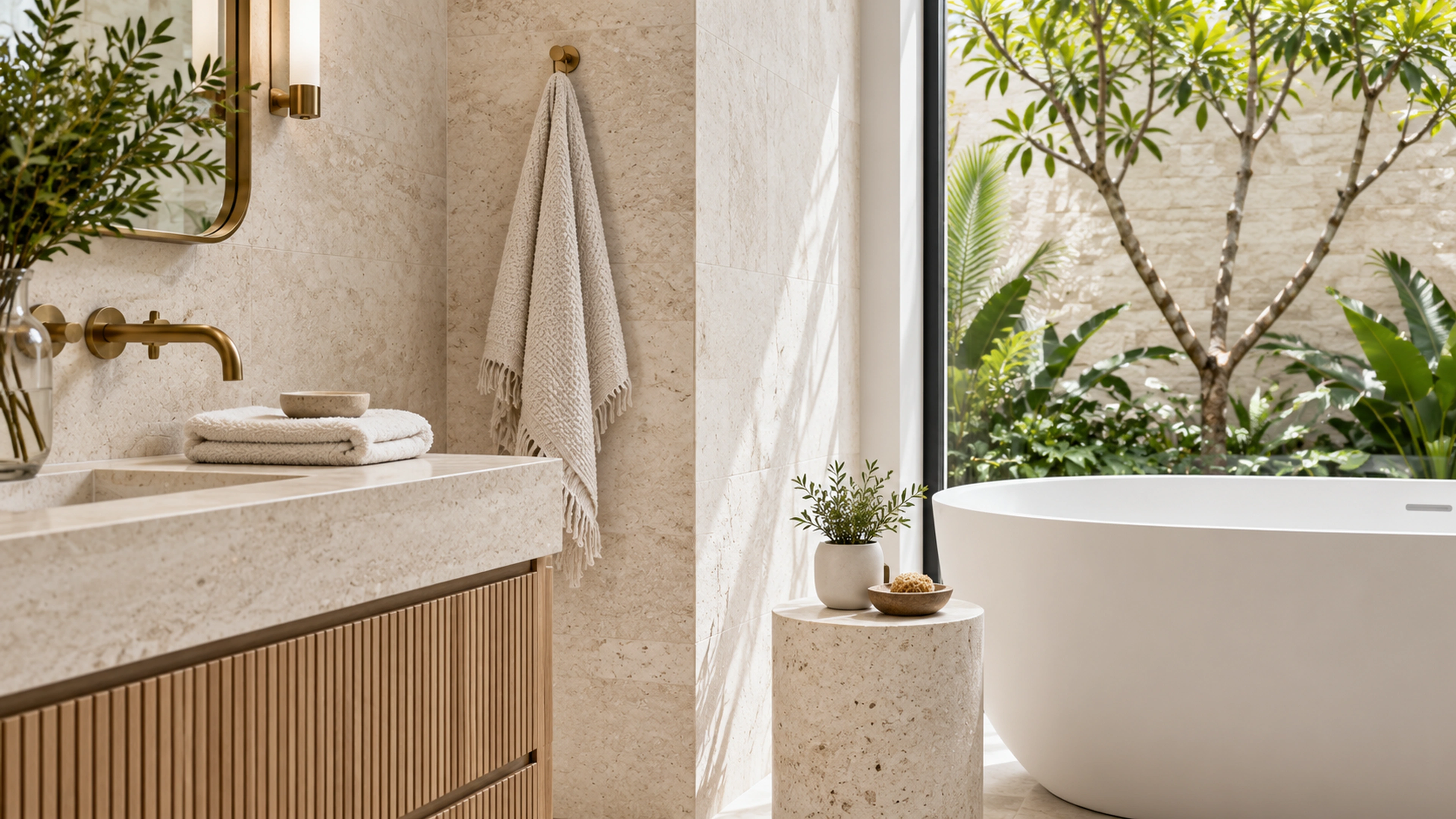 Limestone Bathroom — everyday details; design-concept visualization.