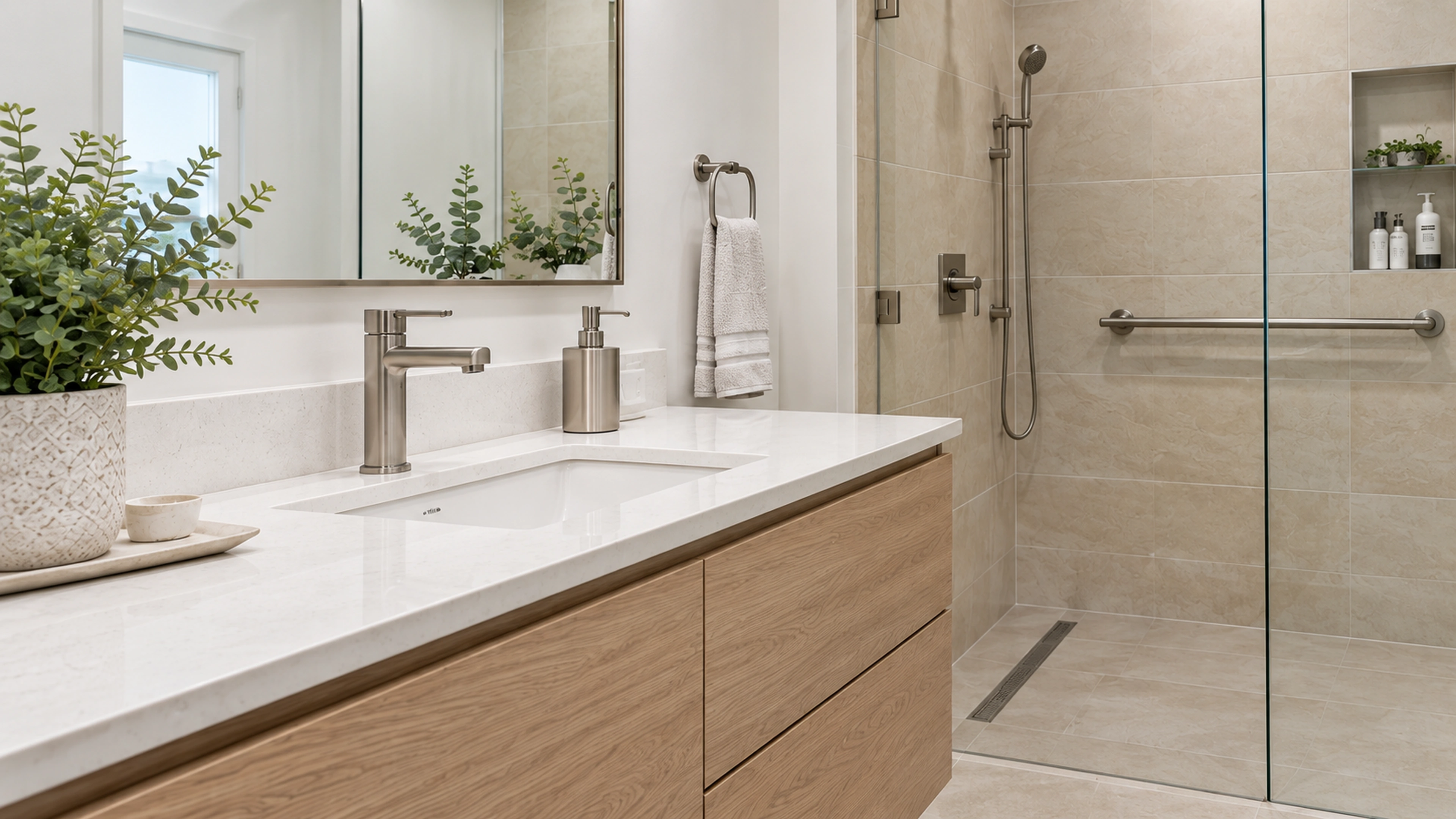 A Calmer Bathroom — vanity and material details; design-concept visualization.