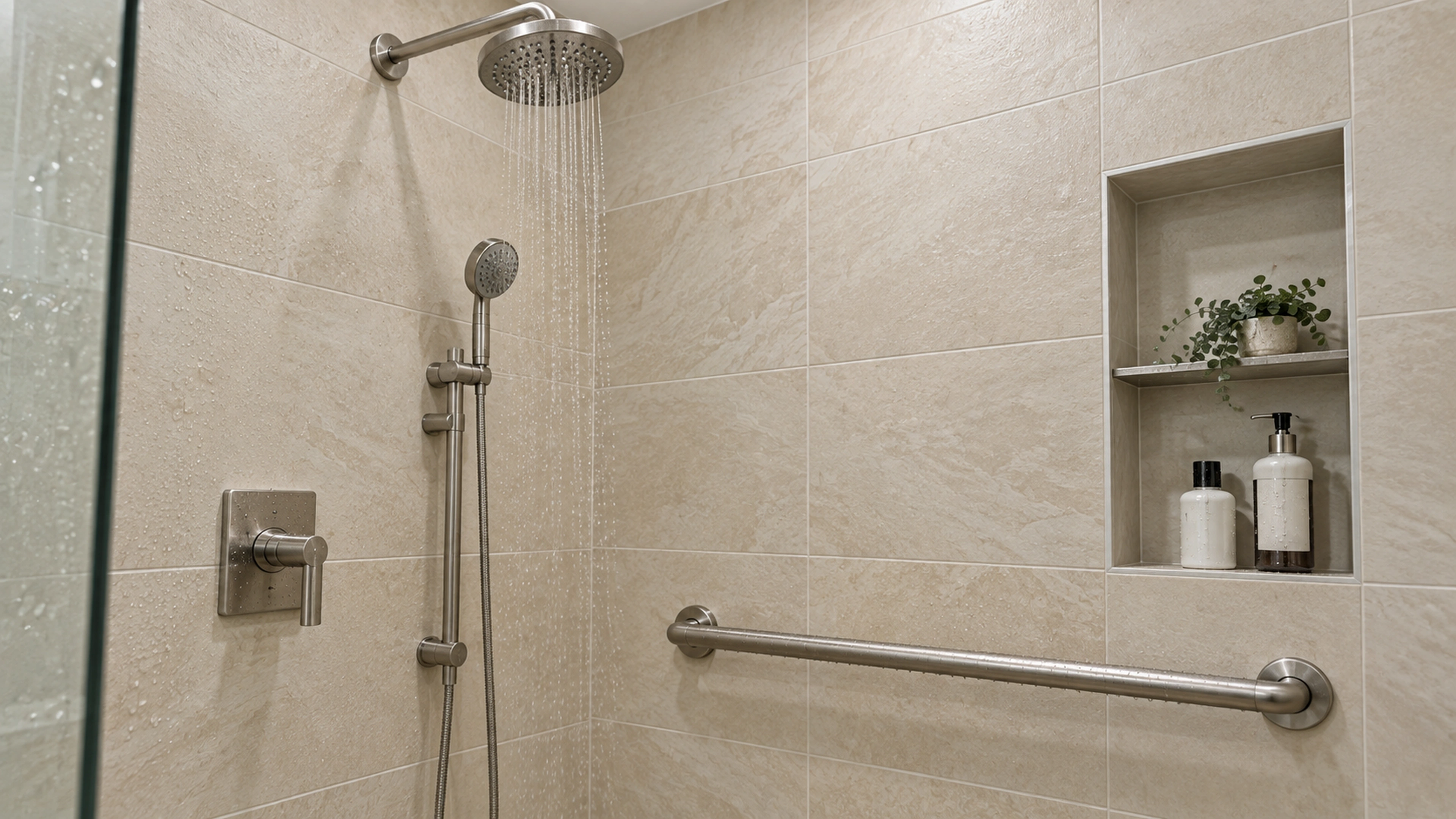 A Calmer Bathroom — inside the shower; design-concept visualization.