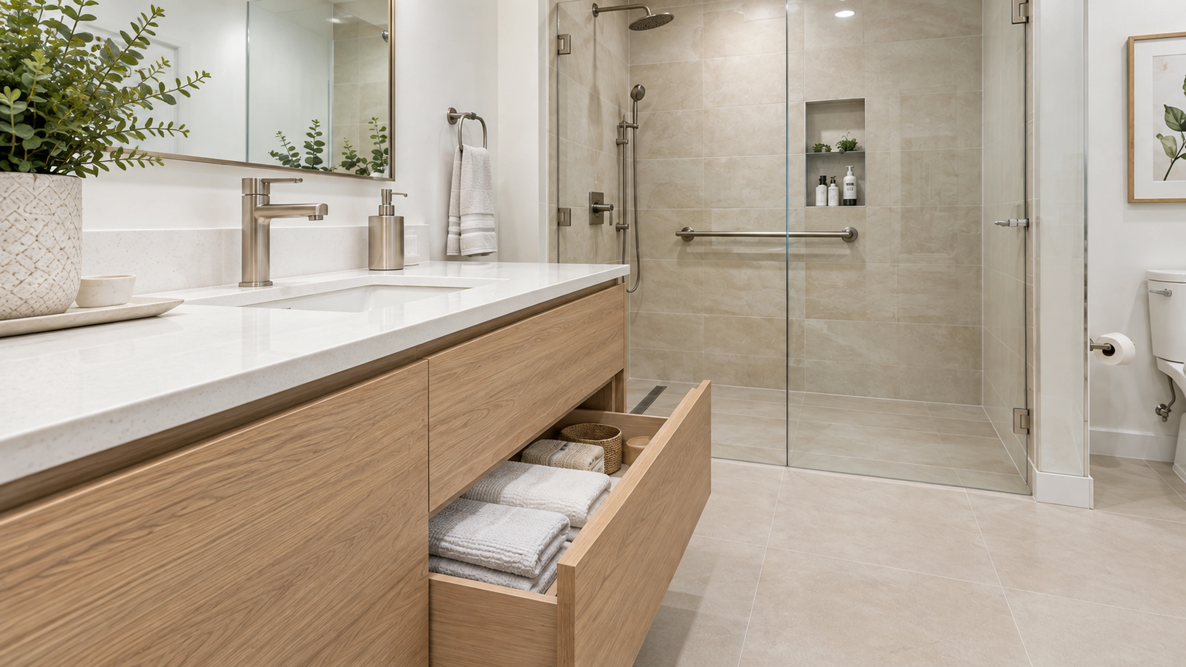 A Calmer Bathroom — storage by the vanity; design-concept visualization.