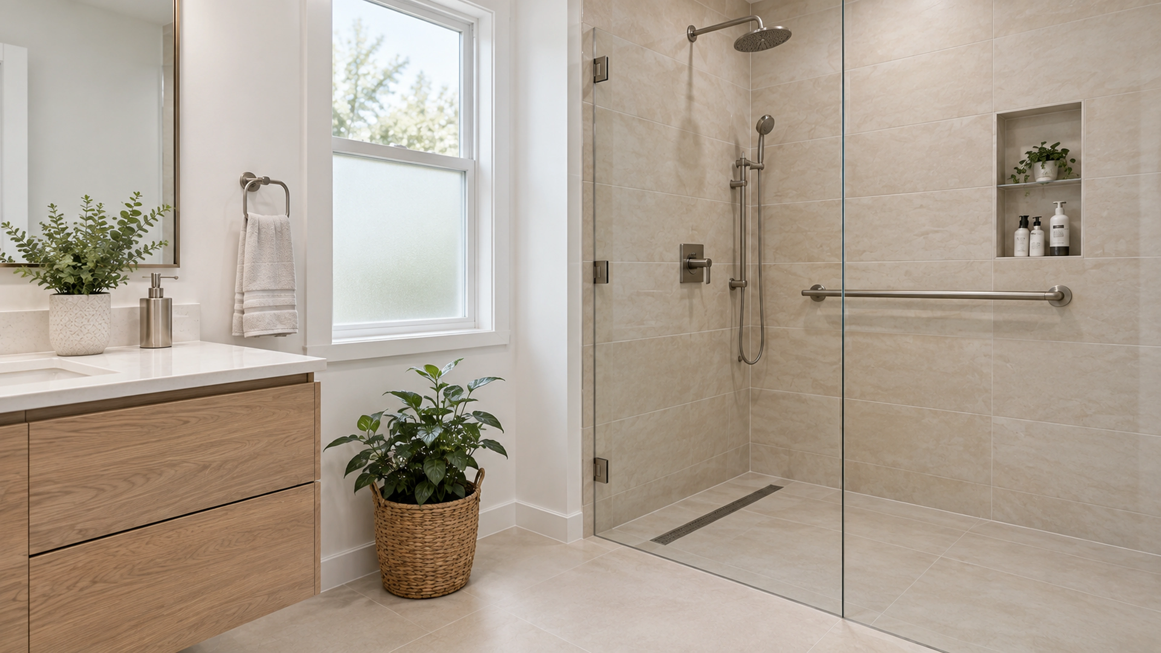 A Calmer Bathroom — daylight and privacy; design-concept visualization.