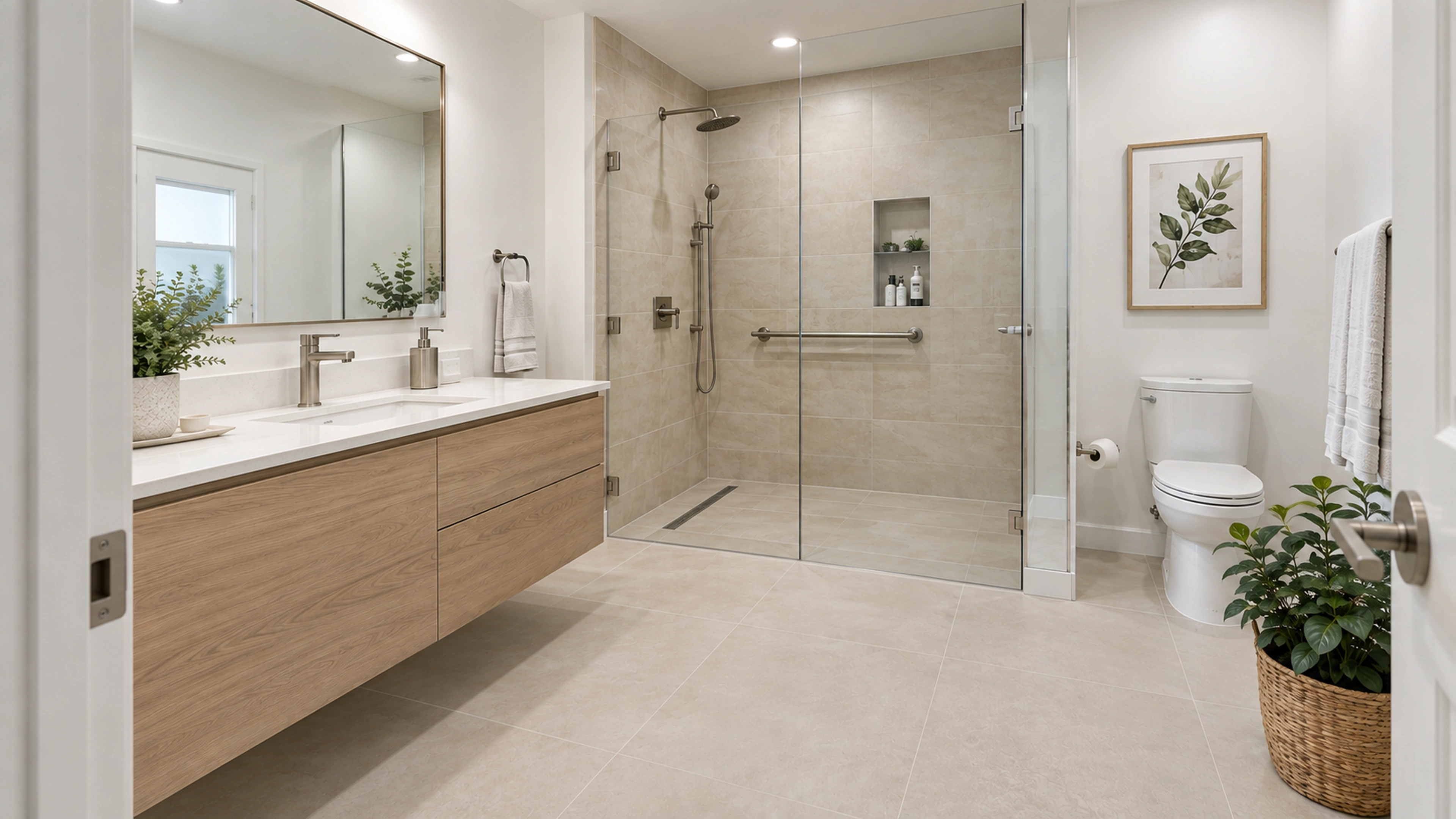 A Calmer Bathroom — the room in sequence; design-concept visualization.