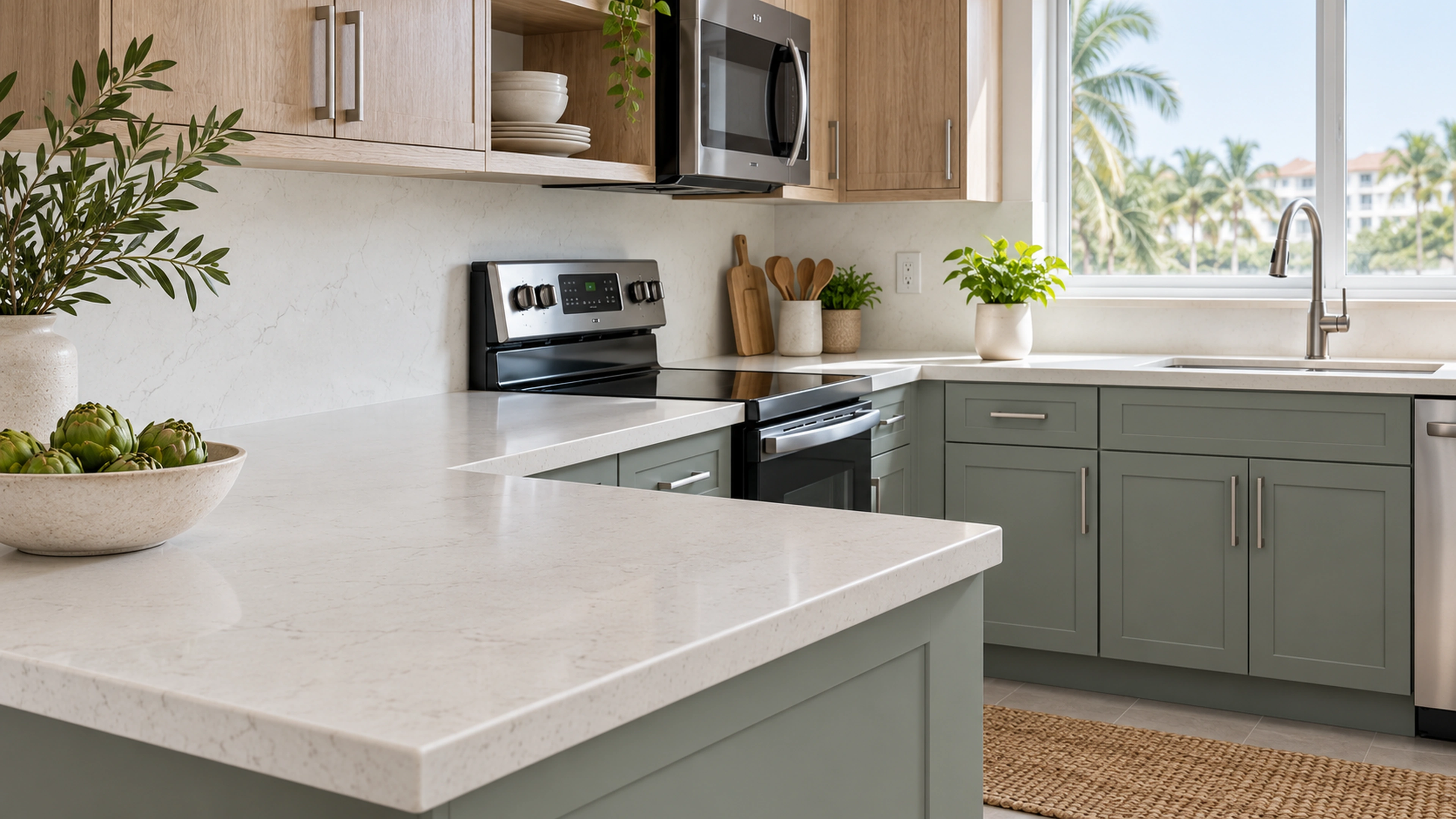 Sage & Oak Kitchen — material and storage details; design-concept visualization.