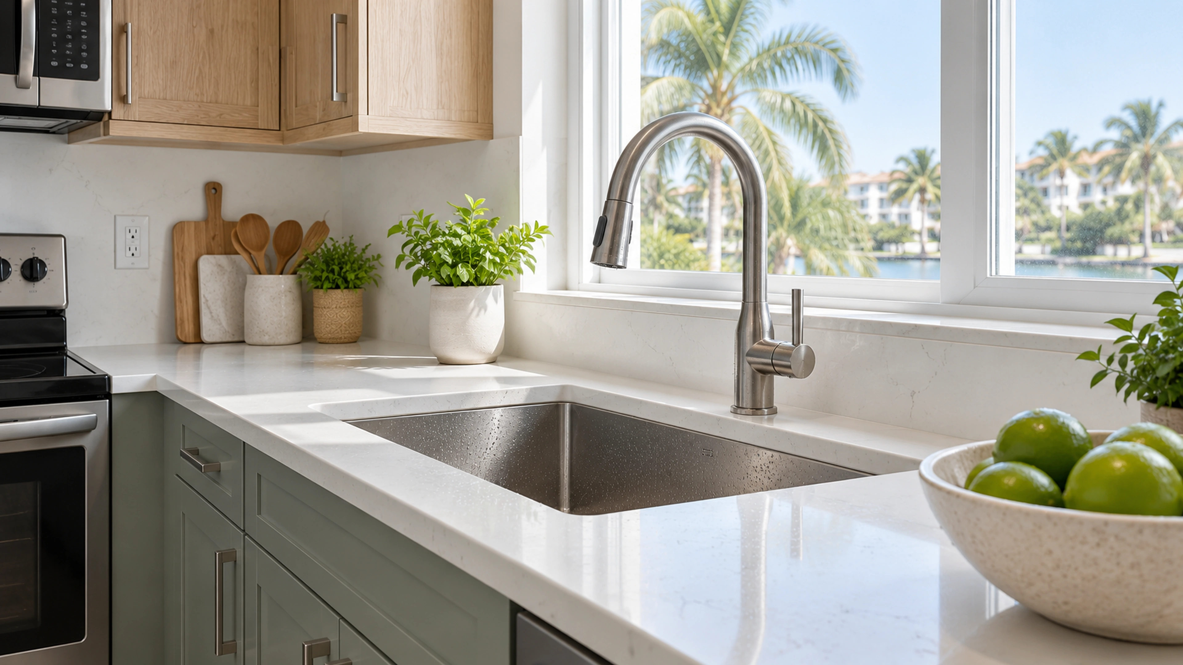 Sage & Oak Kitchen — the sink and stone; design-concept visualization.