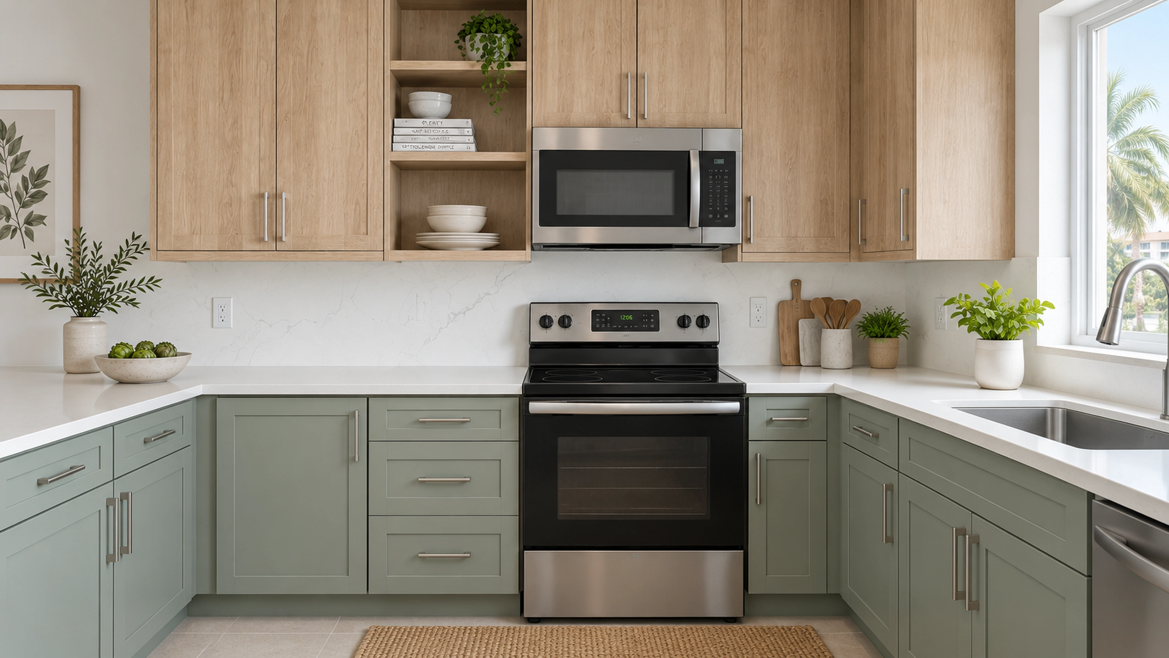 Sage & Oak Kitchen — the cooking wall; design-concept visualization.