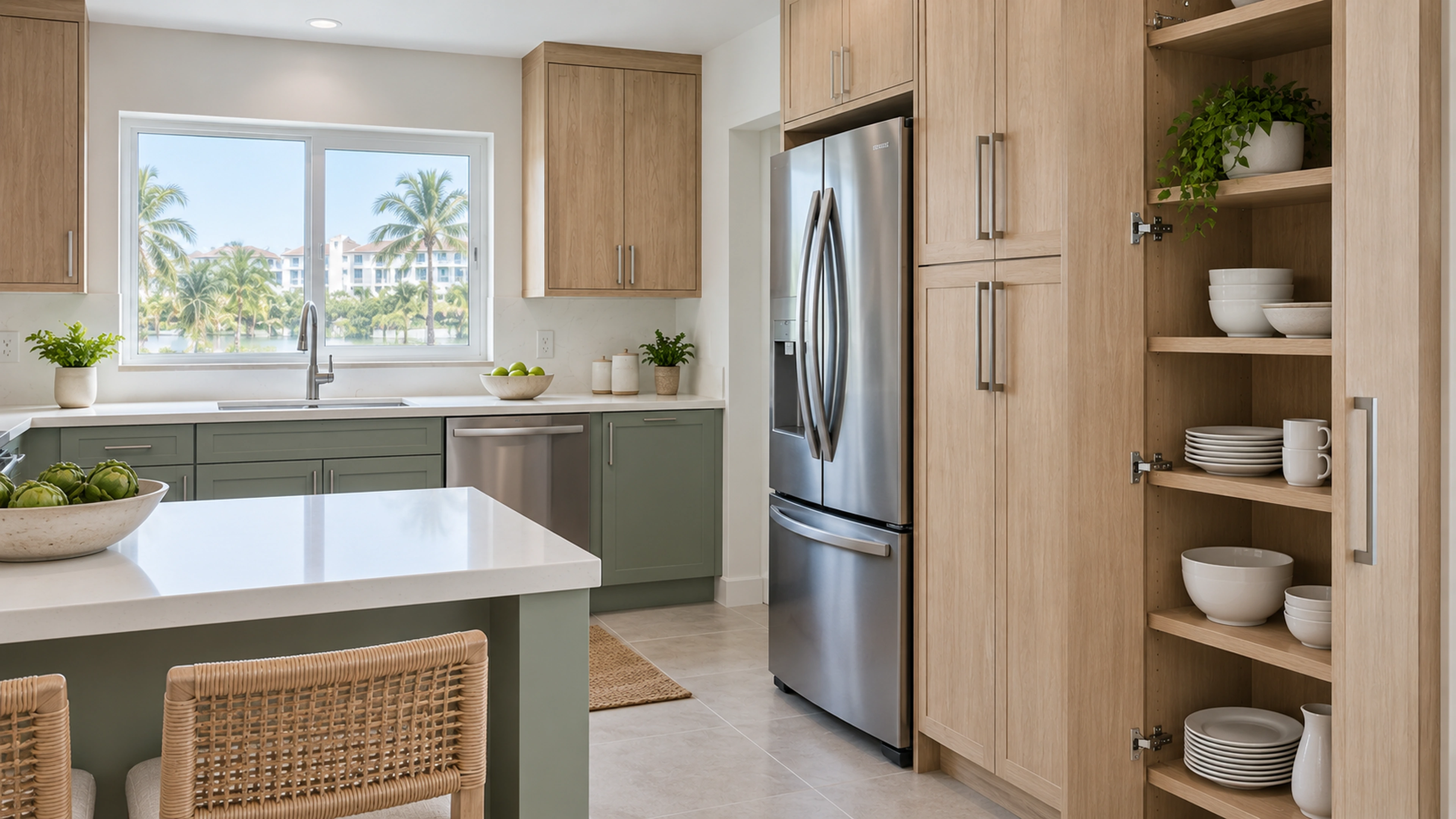 Sage & Oak Kitchen — storage within reach; design-concept visualization.
