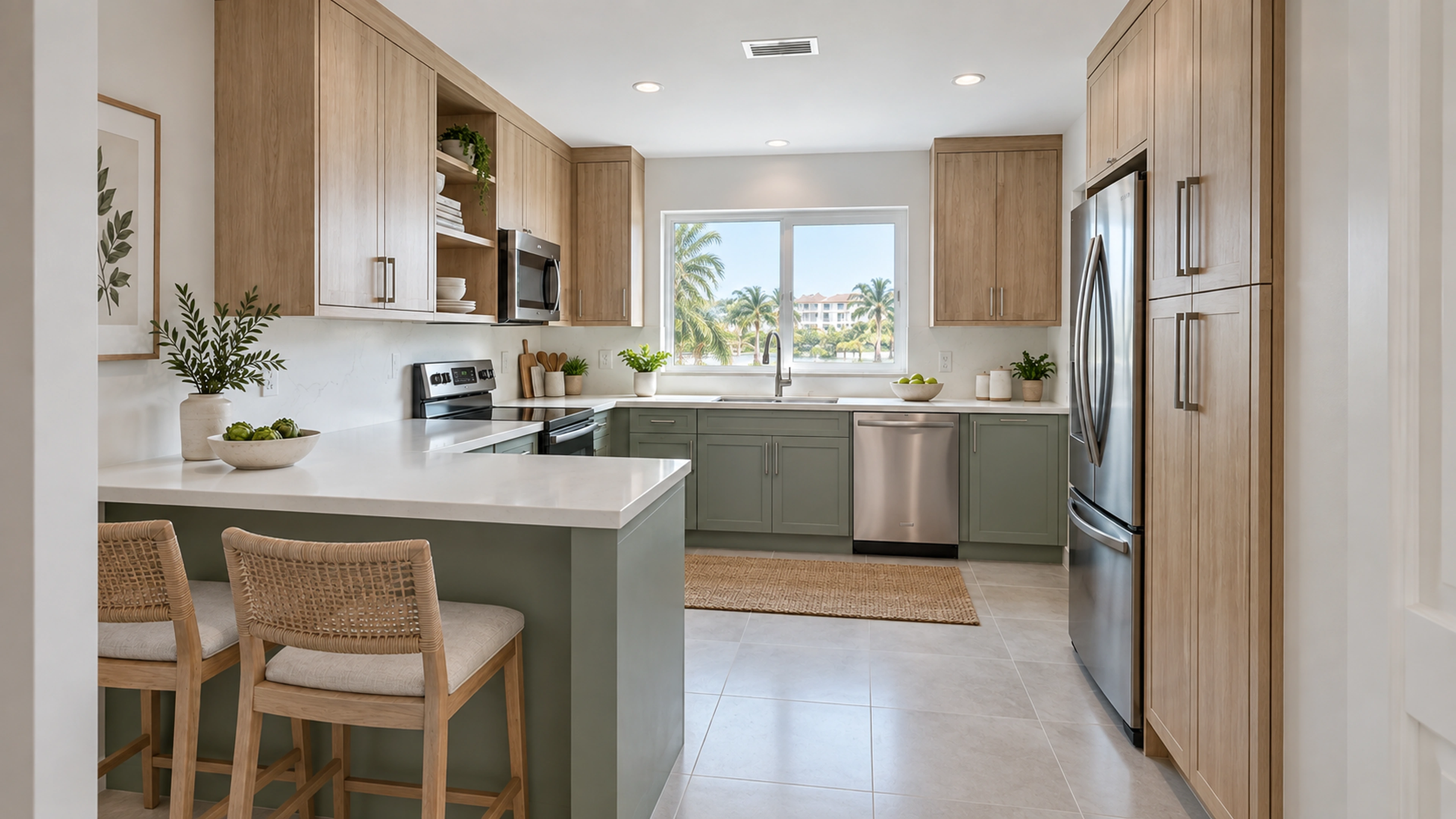 Sage & Oak Kitchen — a connected room; design-concept visualization.