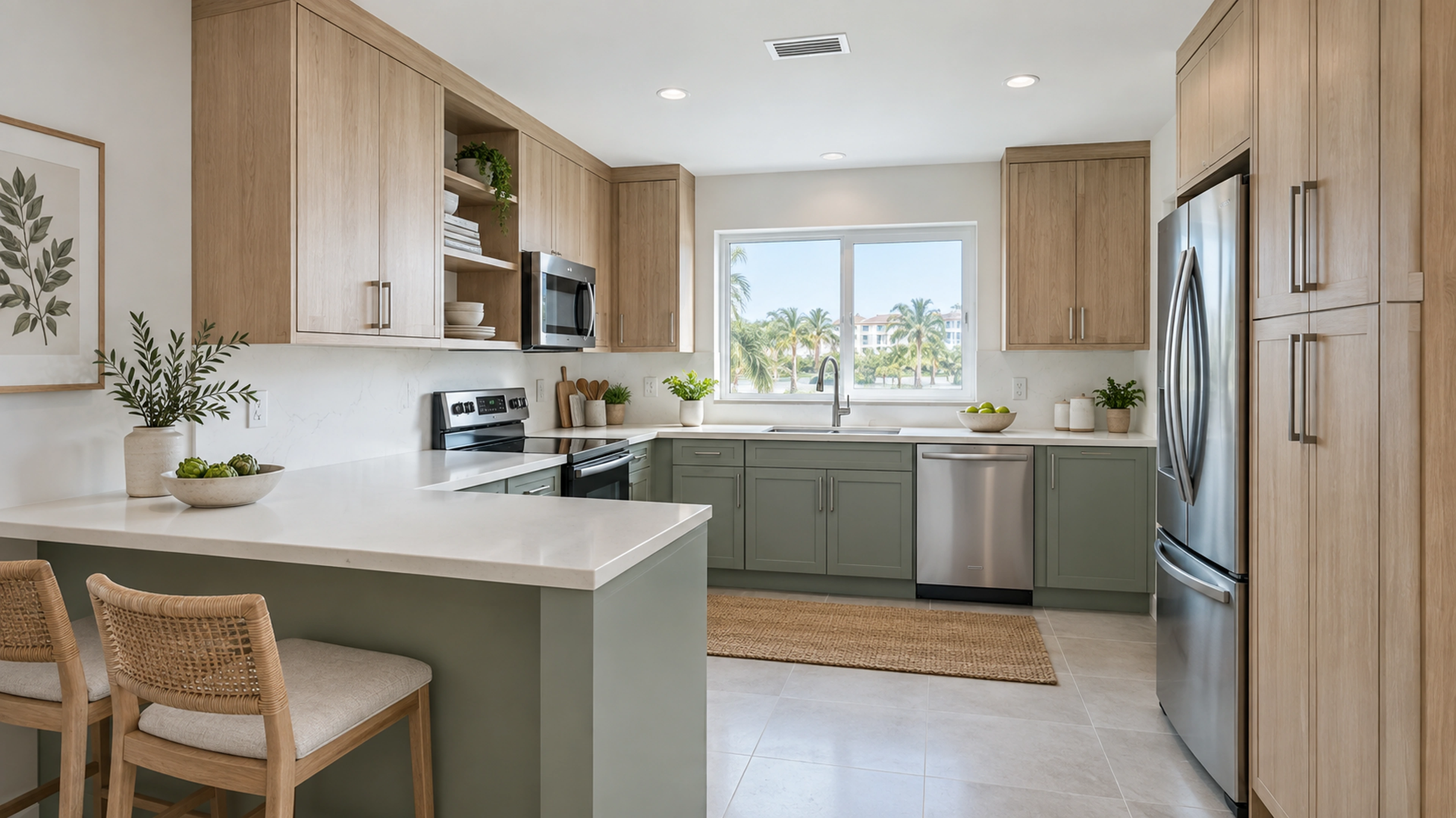 Sage & Oak Kitchen — the kitchen, considered as a whole; design-concept visualization.