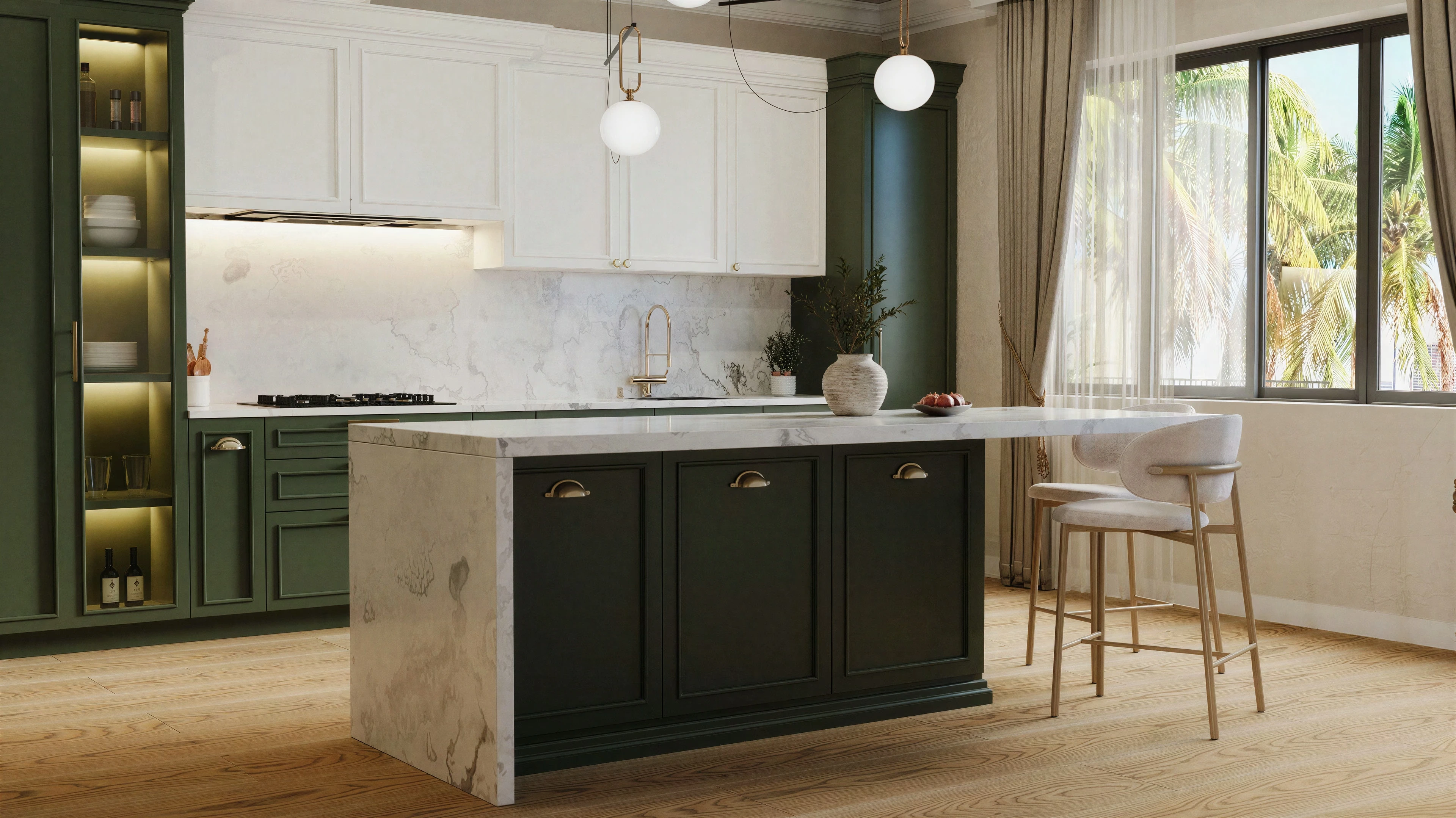 Kitchen island viewed toward the window and upper cabinets.