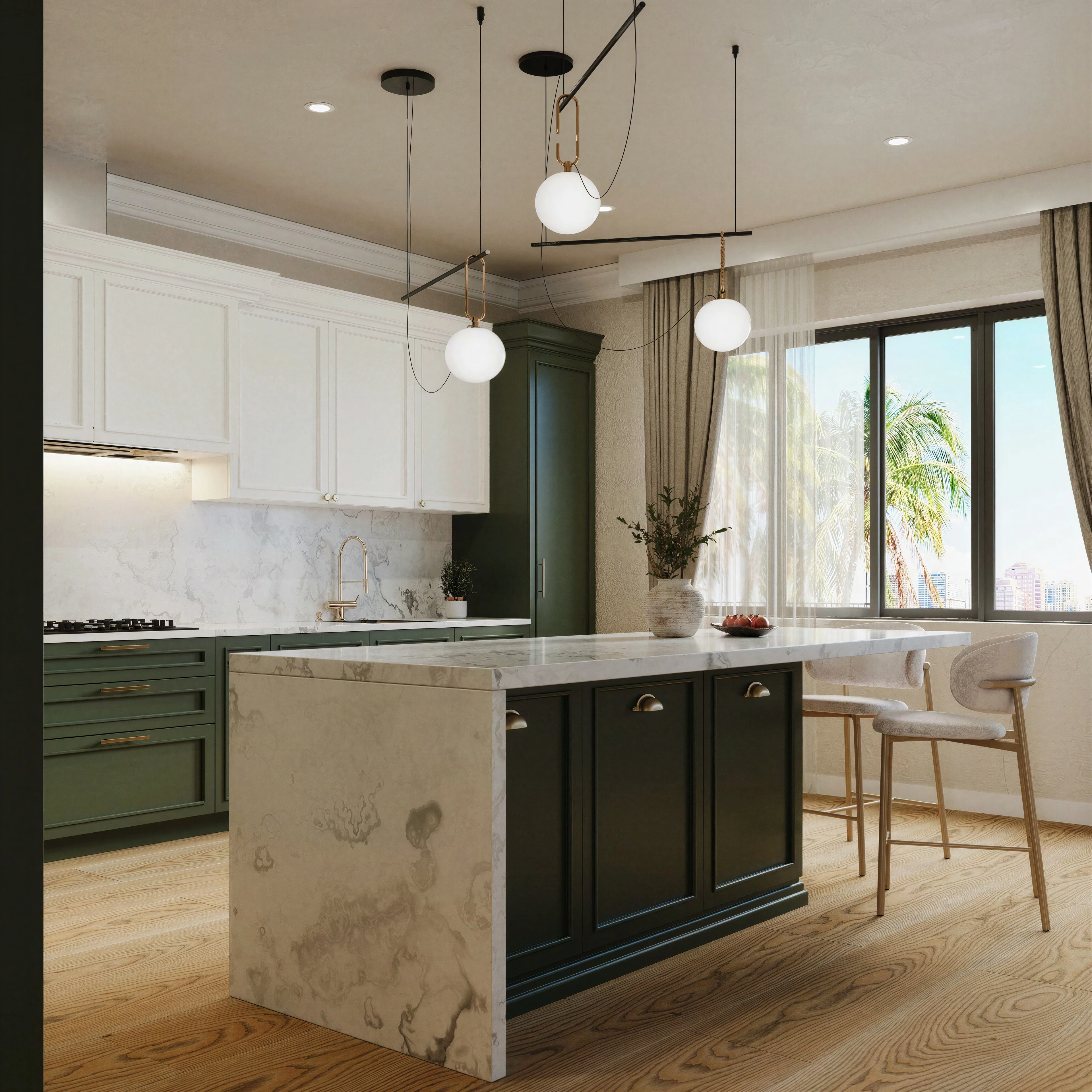 Kitchen island seating beside large windows.