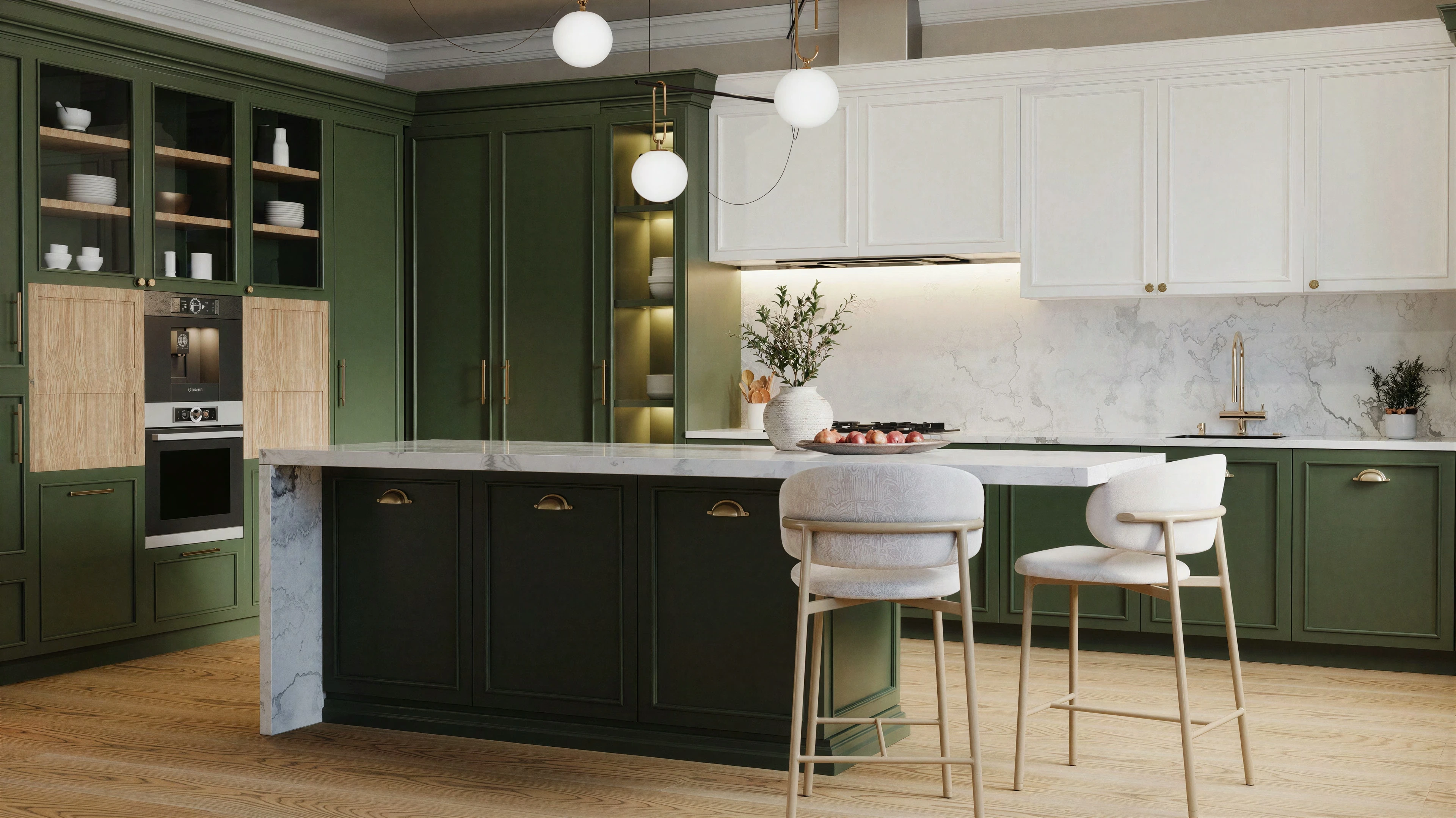 Front view of the green kitchen island and paired pendant lights.
