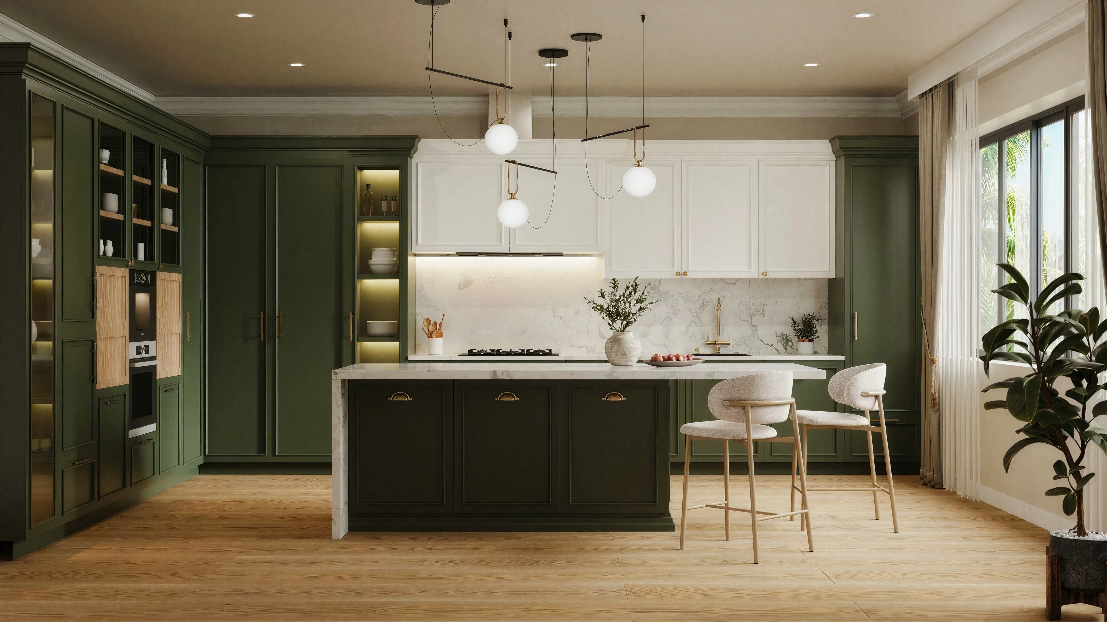 Kitchen with a dark green island and white upper cabinetry.