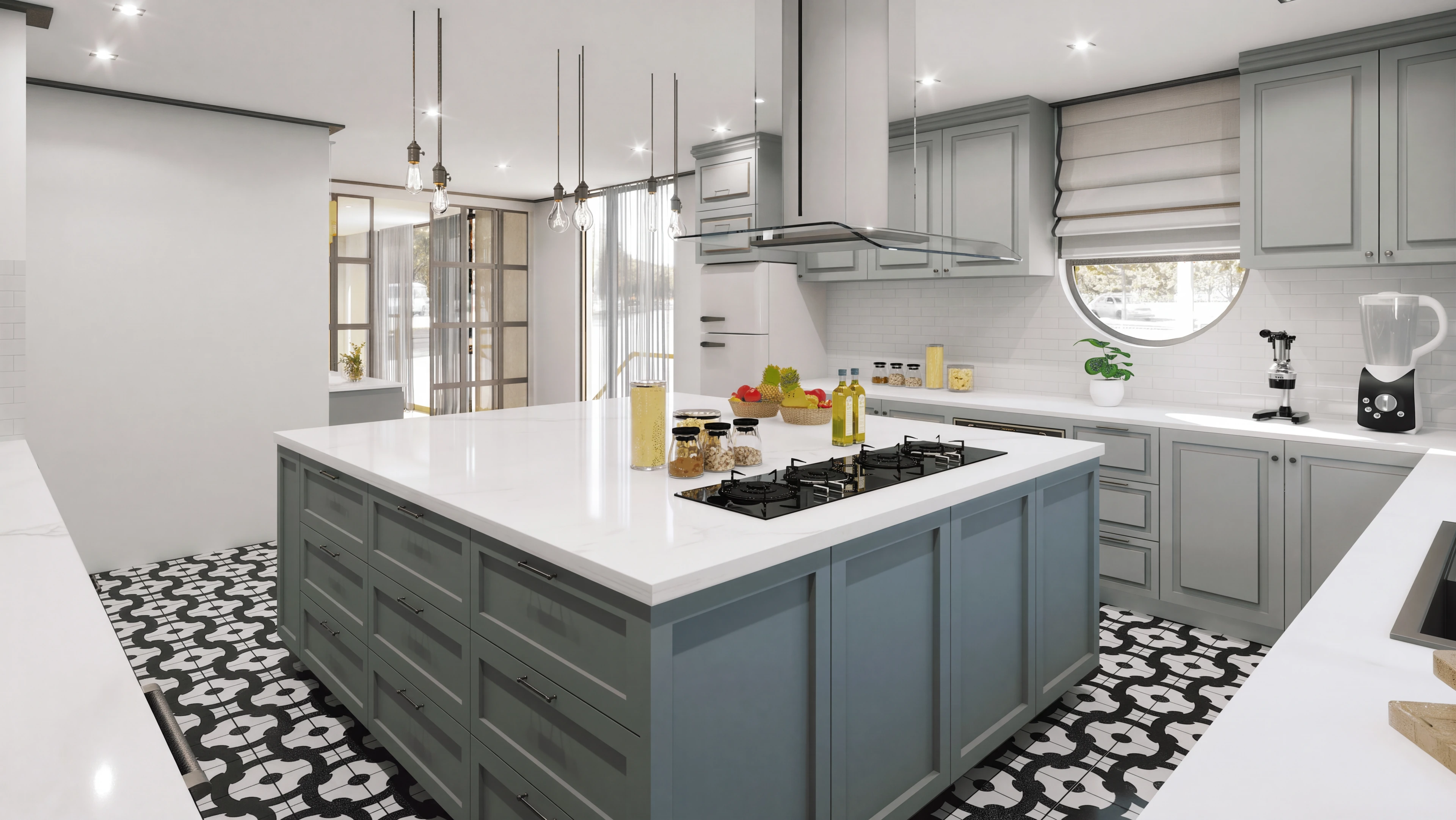 Kitchen island with a built-in cooktop and stainless hood.