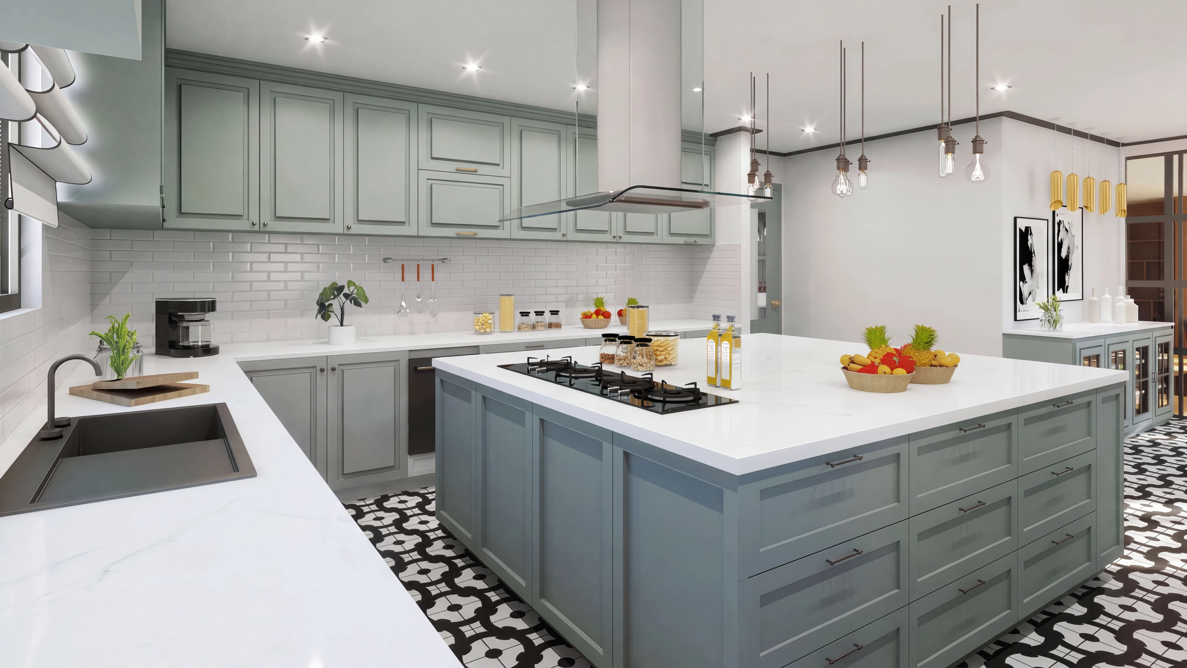 Kitchen work area with green cabinetry and a stone island.