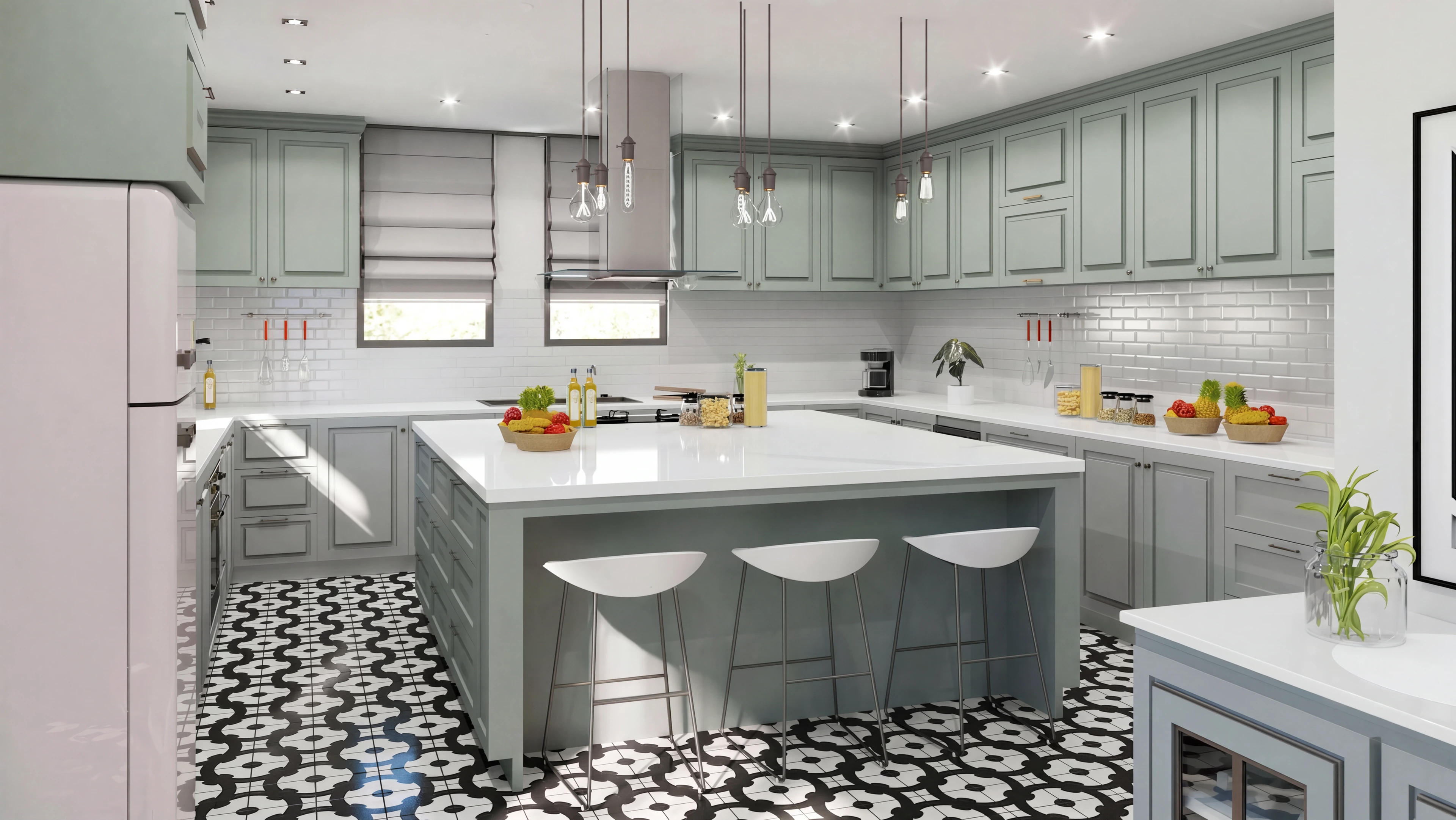 Pale green kitchen with an island and patterned floor tiles.