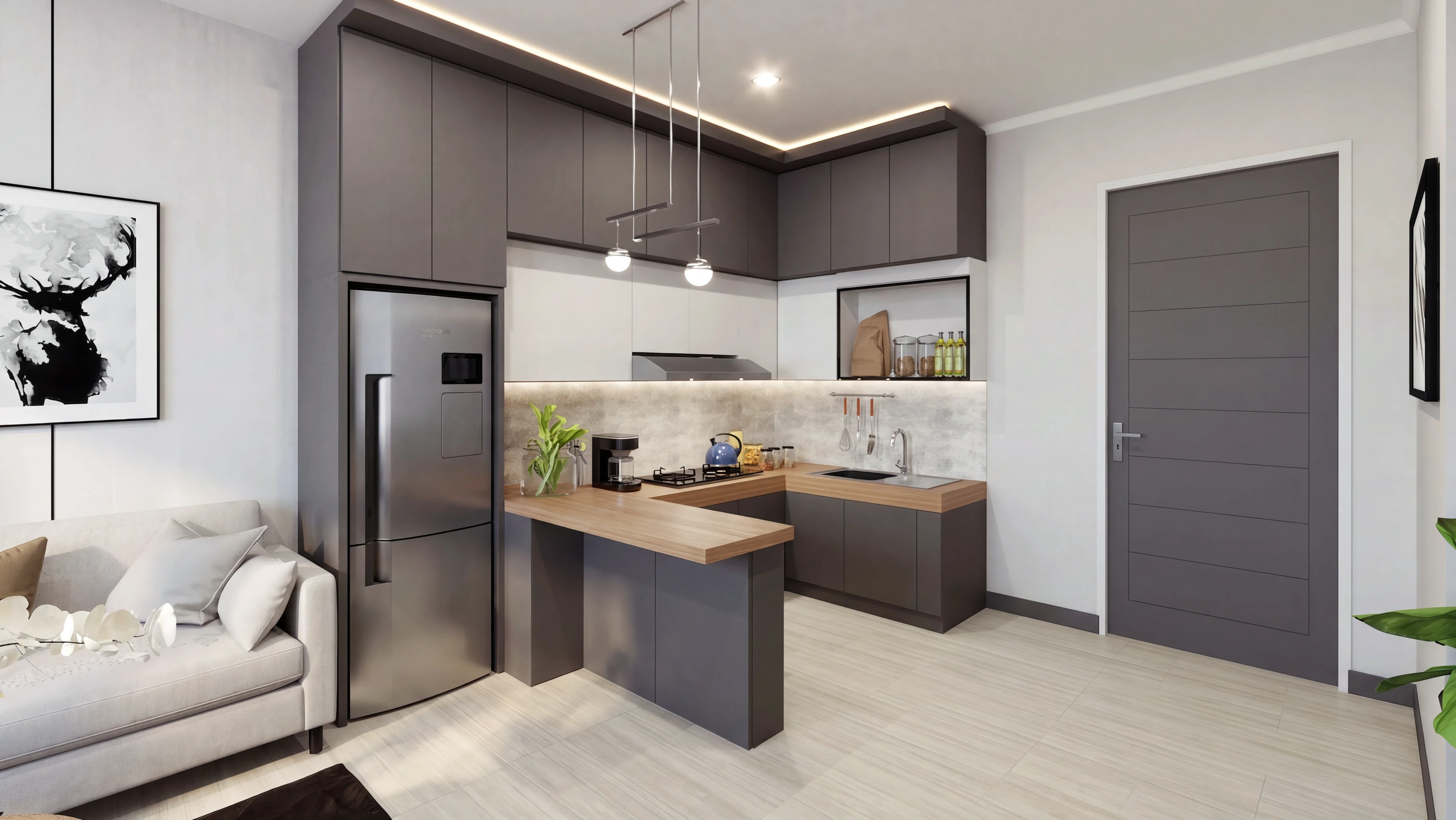 Compact kitchen with a small island and dark upper cabinets.
