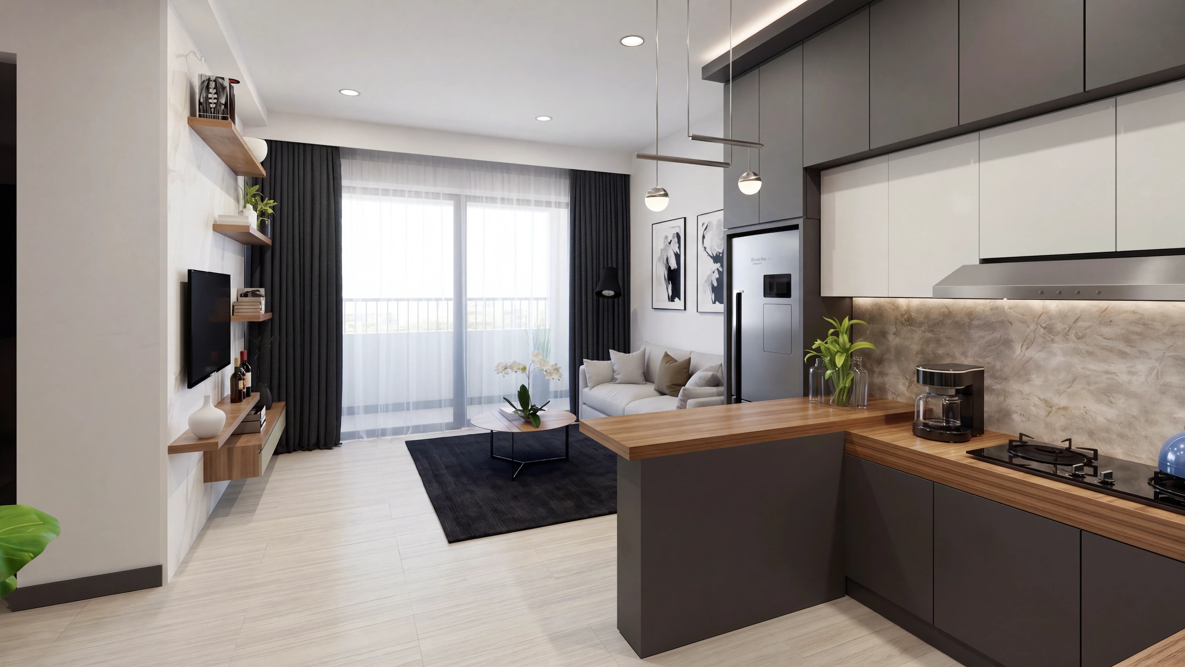 Kitchen worktop and island viewed toward the living room.