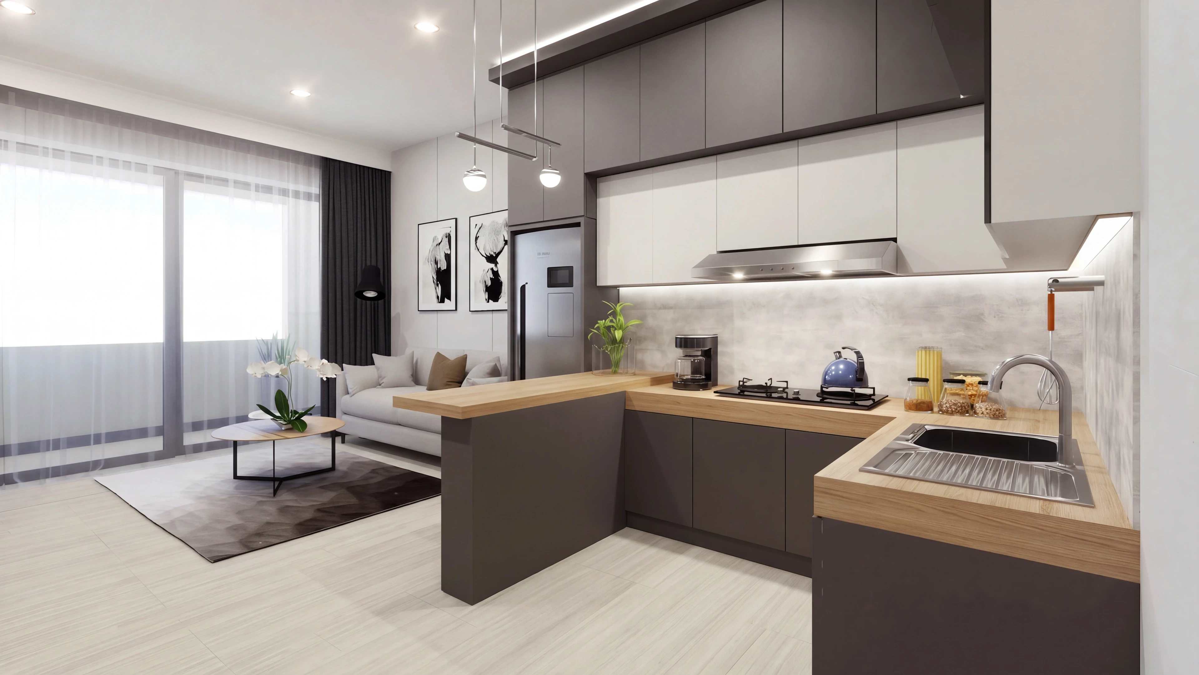 Kitchen island connected to a window-side sitting area.