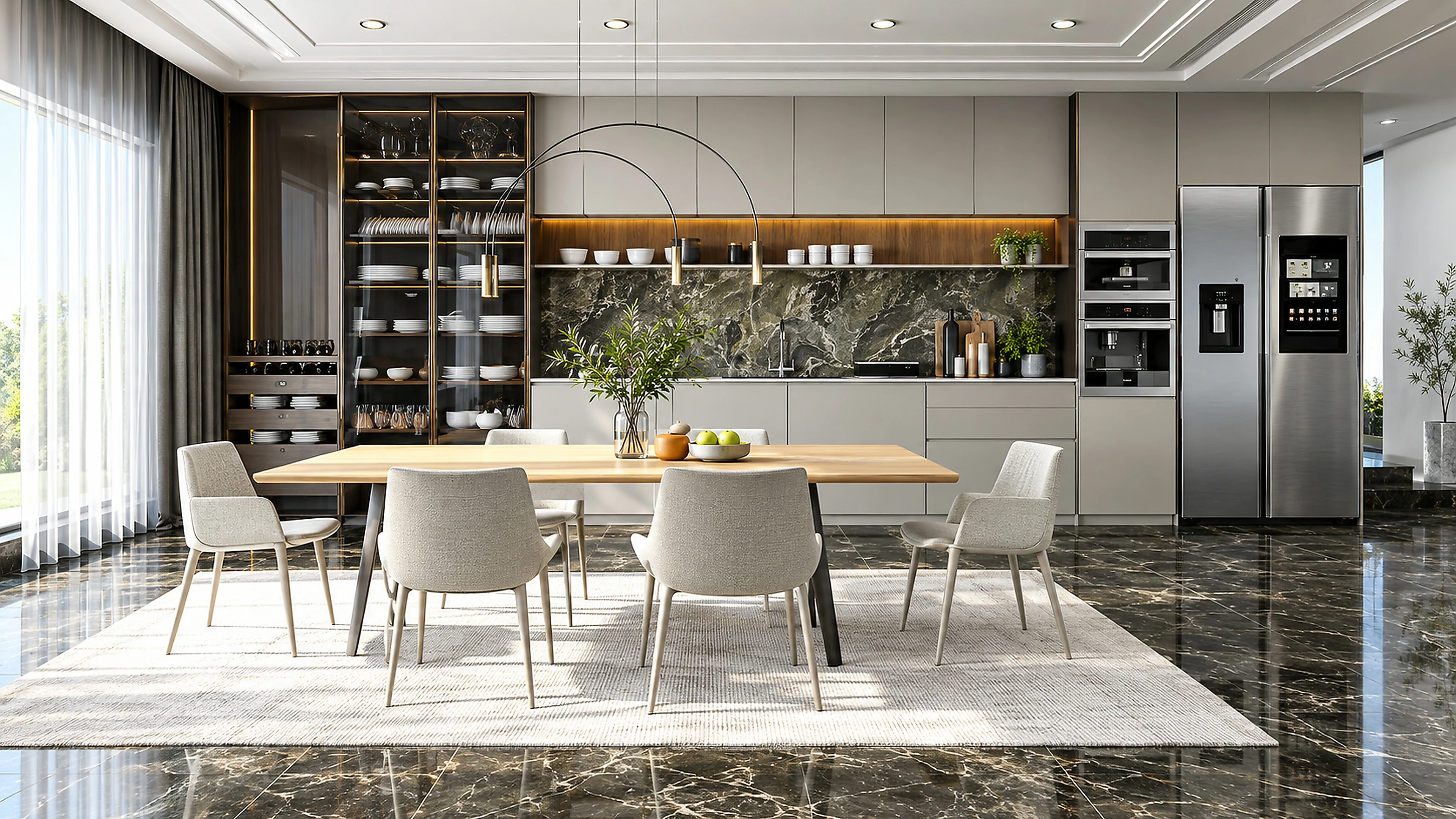 AI-generated illustration: Wide entertaining kitchen with gray cabinetry, dark stone, smoked glass, and pale wood dining.