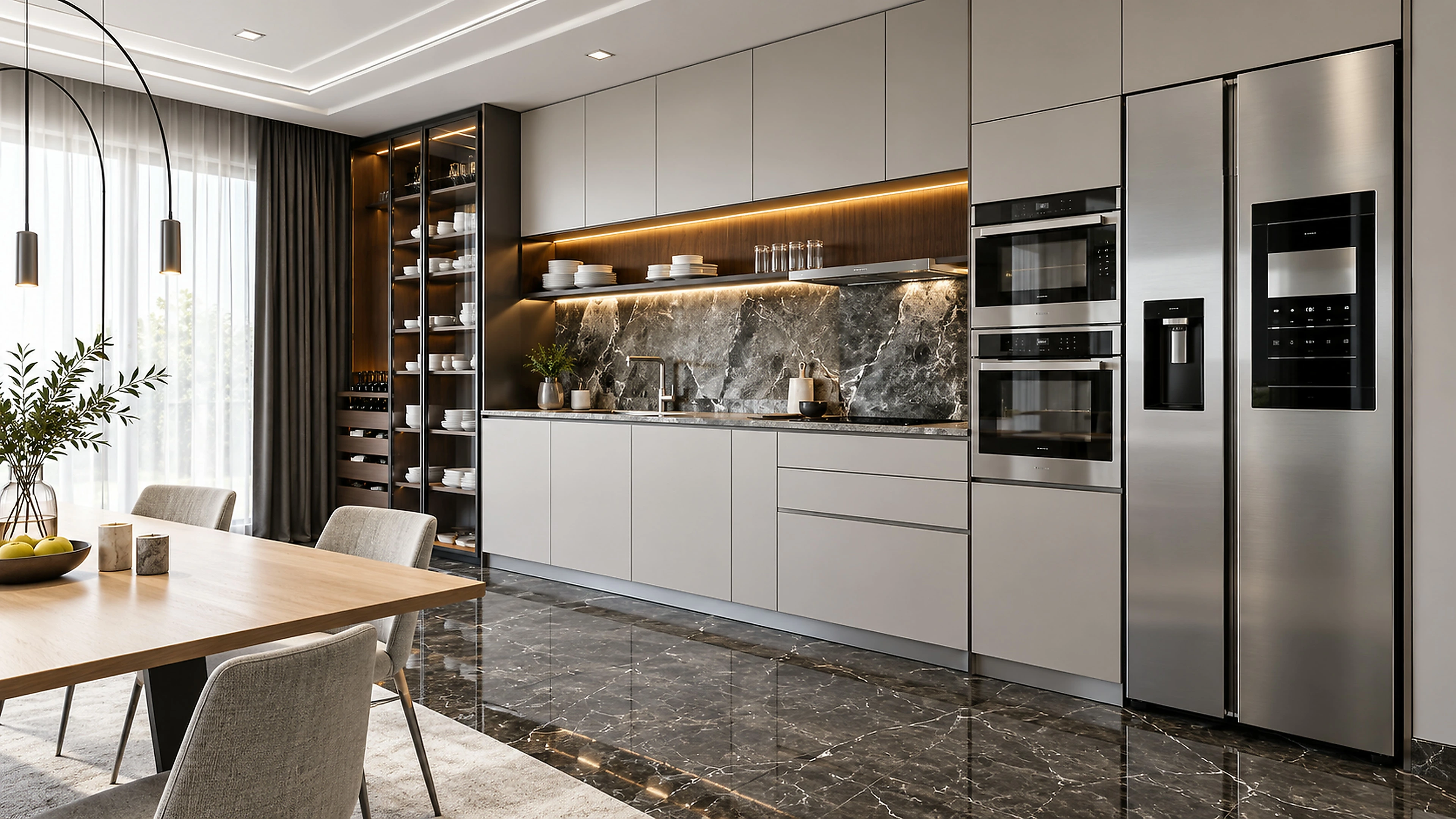 AI-generated illustration: Integrated appliance wall and handleless millwork above a reflective stone floor.