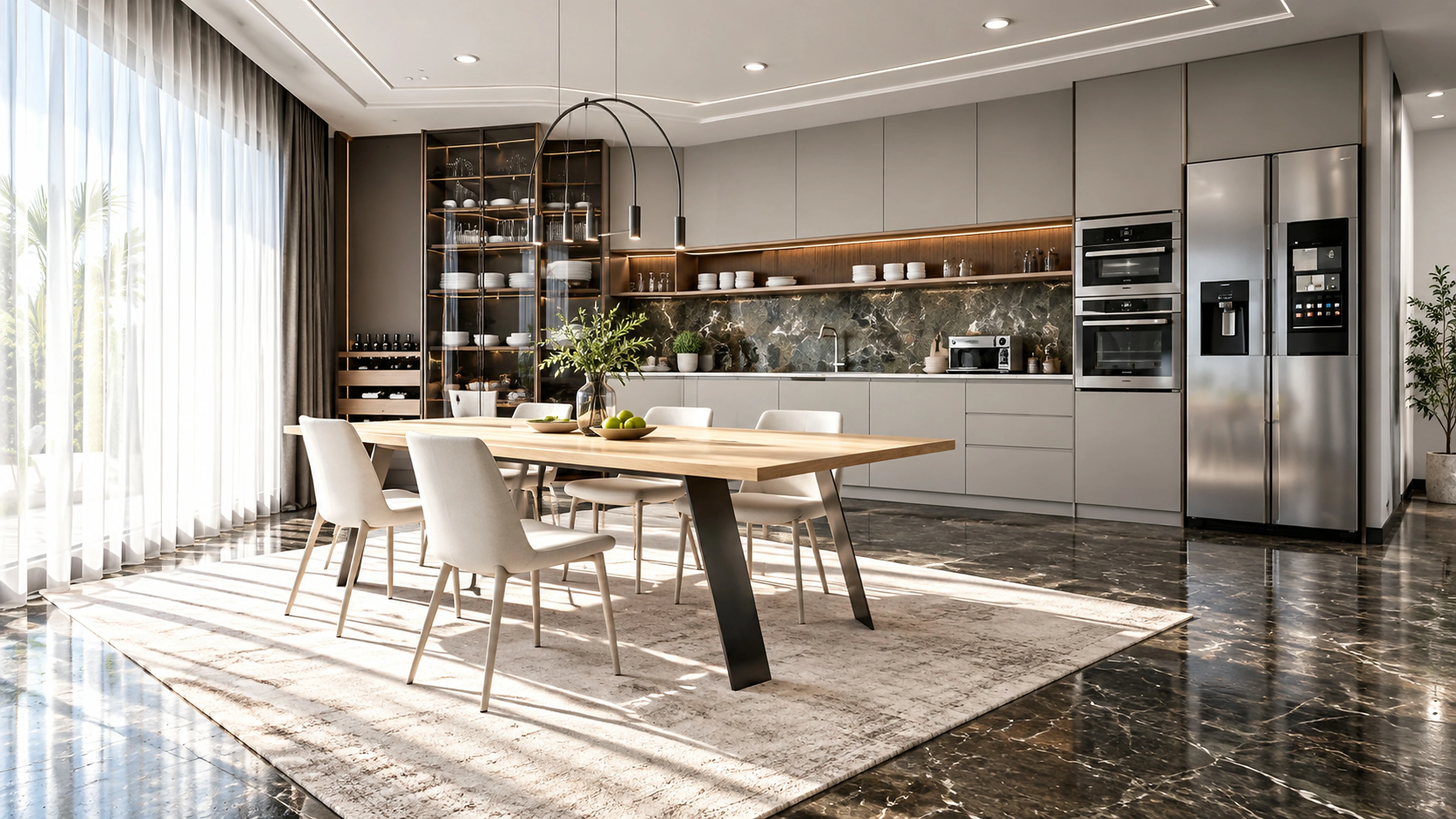AI-generated illustration: Window-side dining view across the long gray kitchen and dark polished floor.