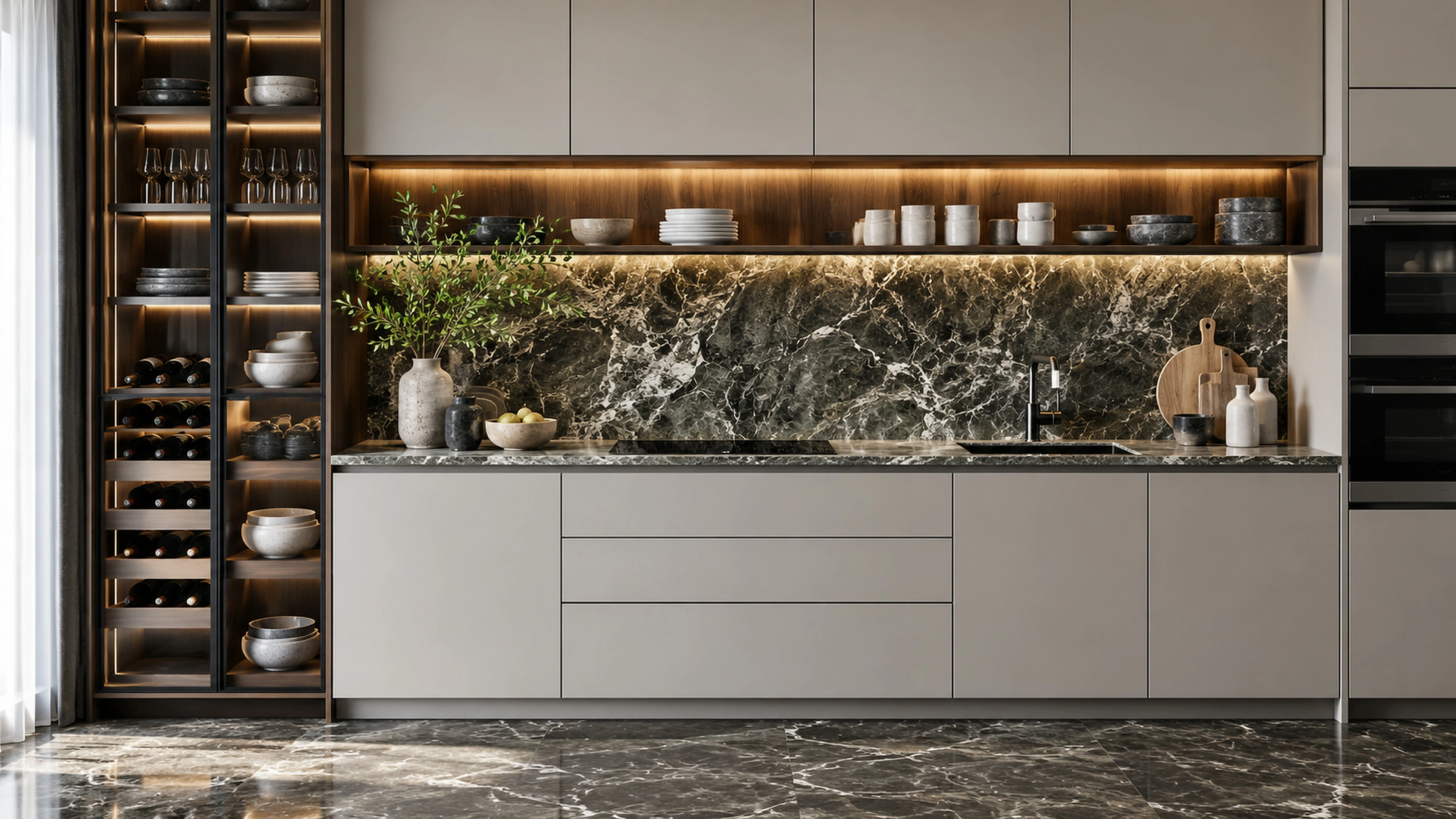 AI-generated illustration: Linear counter detail with dark-veined backsplash and seamless gray drawers.