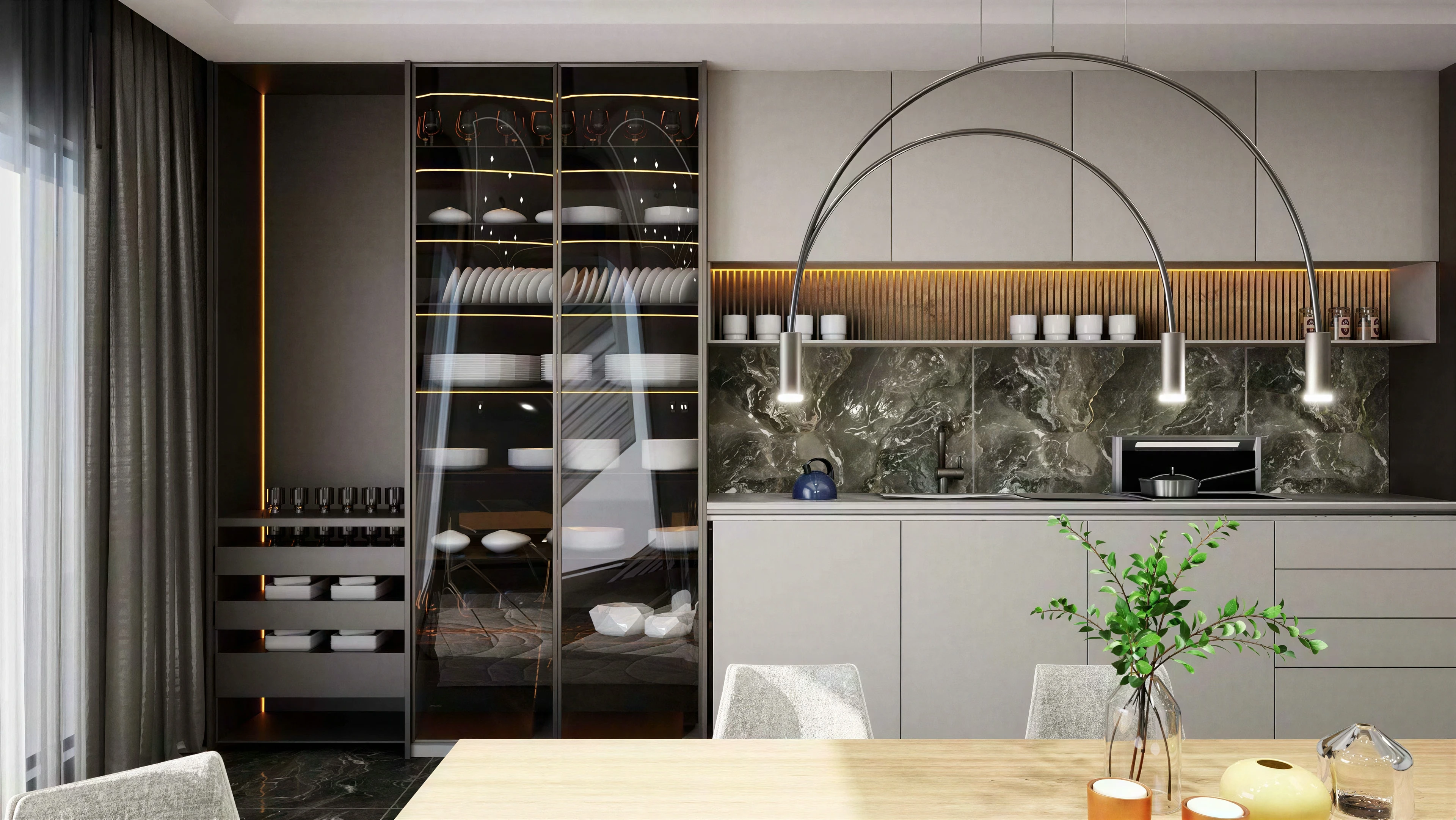 Kitchen display cabinet and stone backsplash behind the dining table.