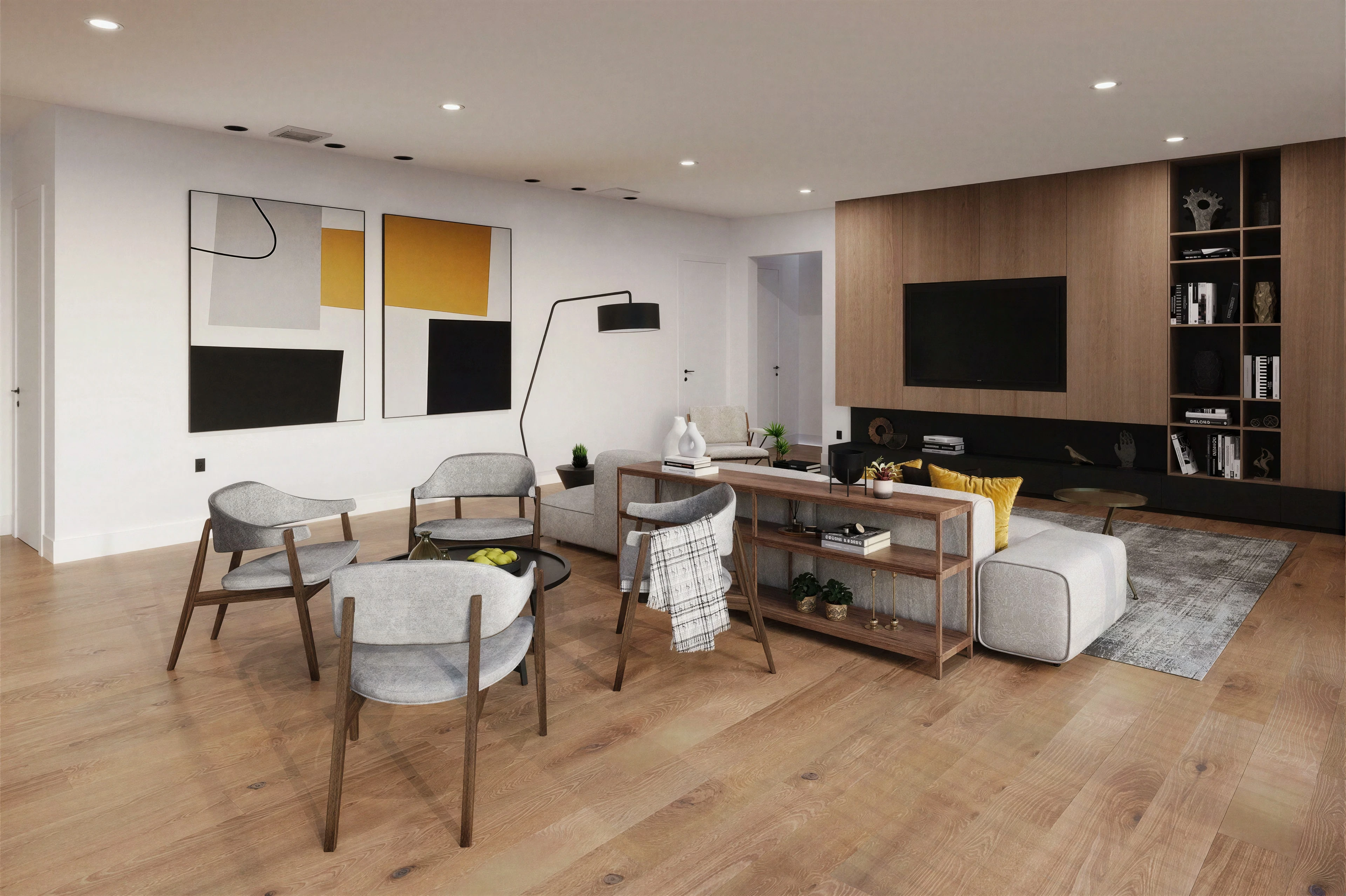 Dining and living area with wood flooring and built-in storage.