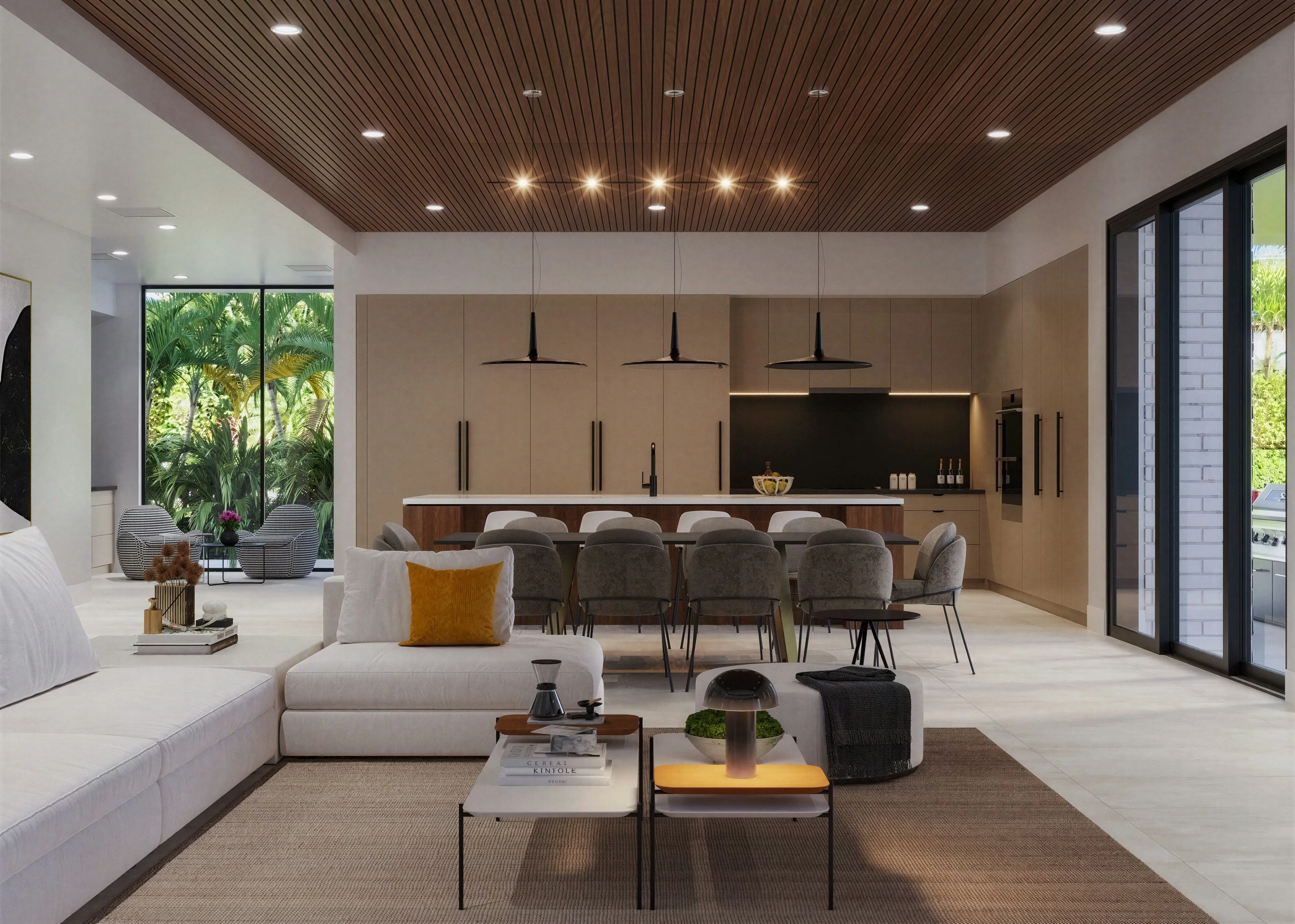 Living area facing the kitchen island and dark cabinetry.