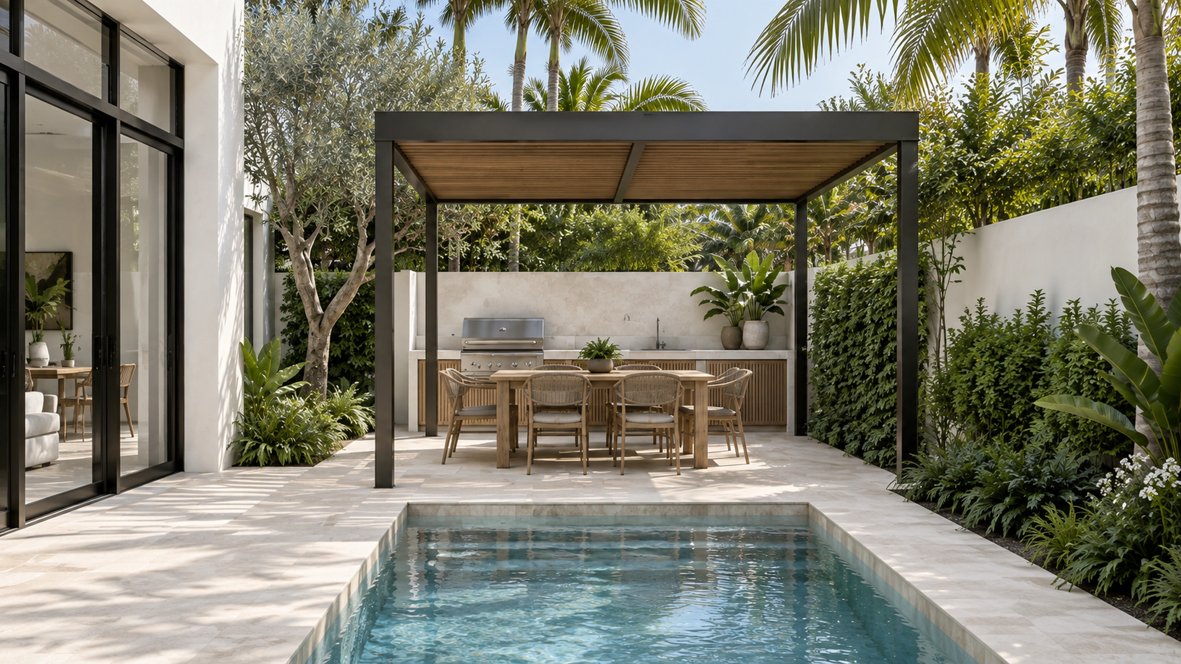 Courtyard Pool & Terrace — outdoor cooking and gathering; design-concept visualization.