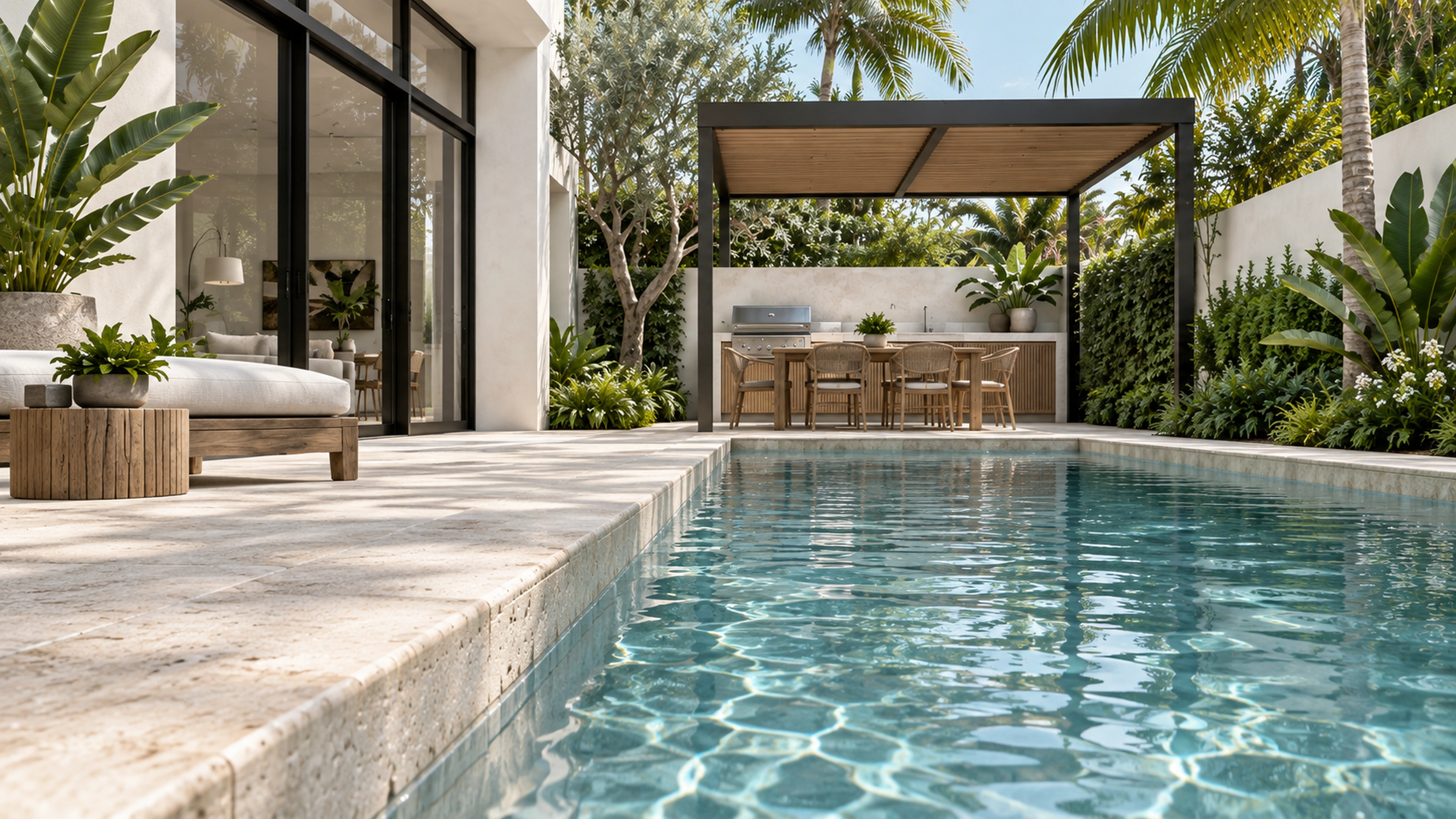 Courtyard Pool & Terrace — at the waterline; design-concept visualization.
