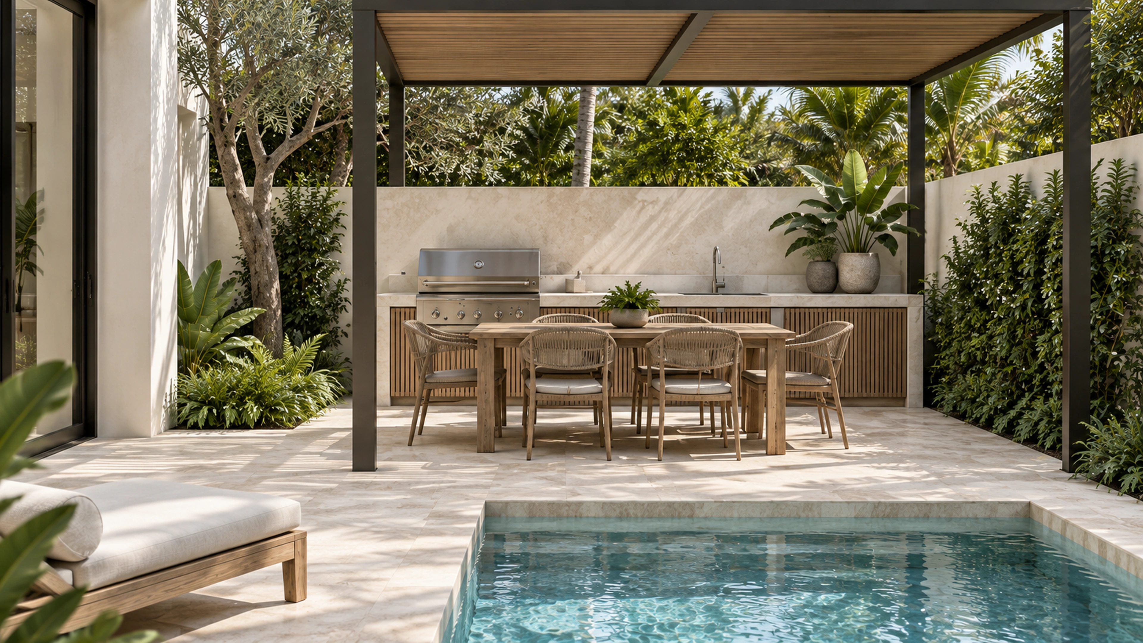 Courtyard Pool & Terrace — cooking outdoors; design-concept visualization.
