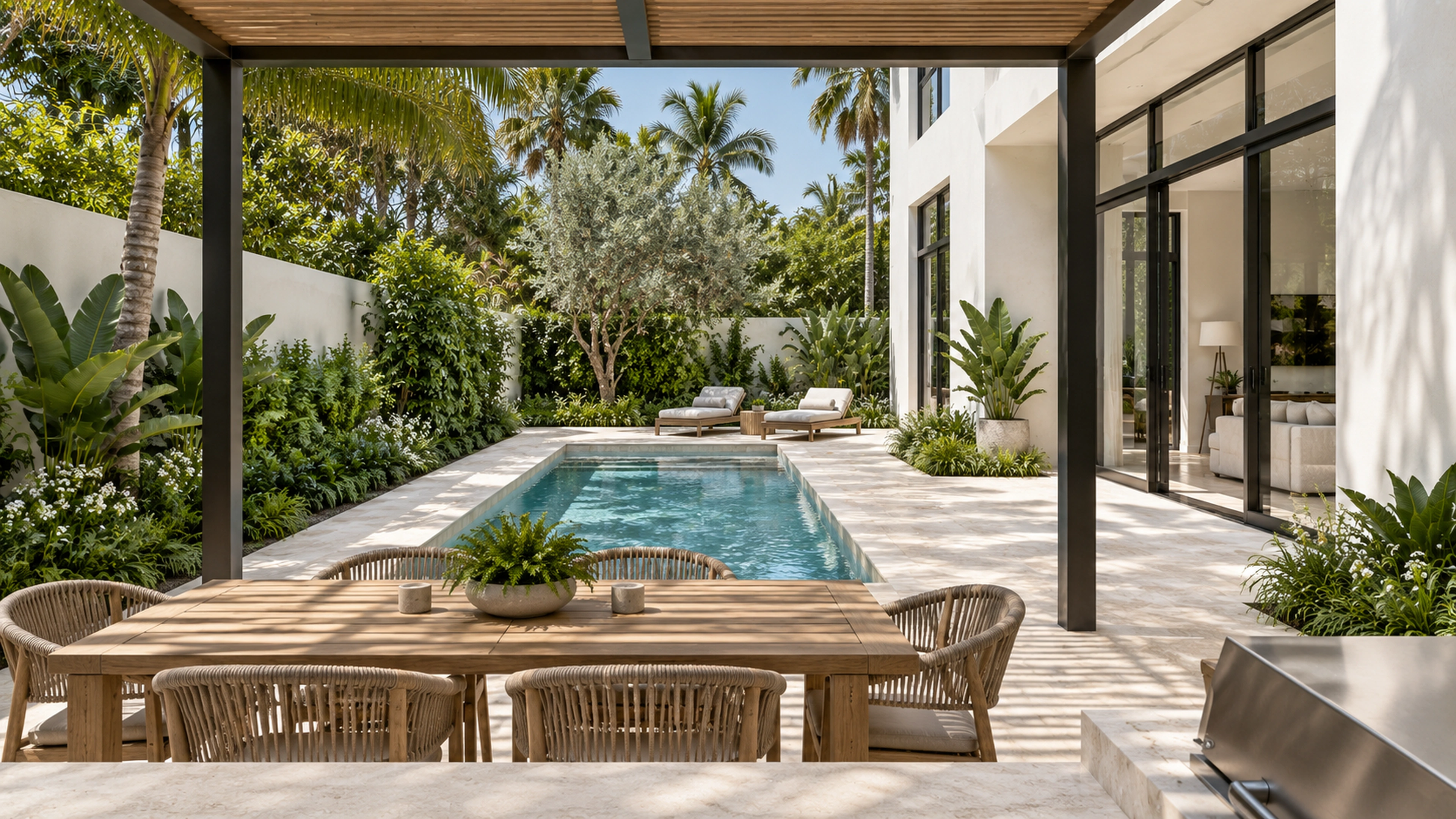 Courtyard Pool & Terrace — across the terrace; design-concept visualization.