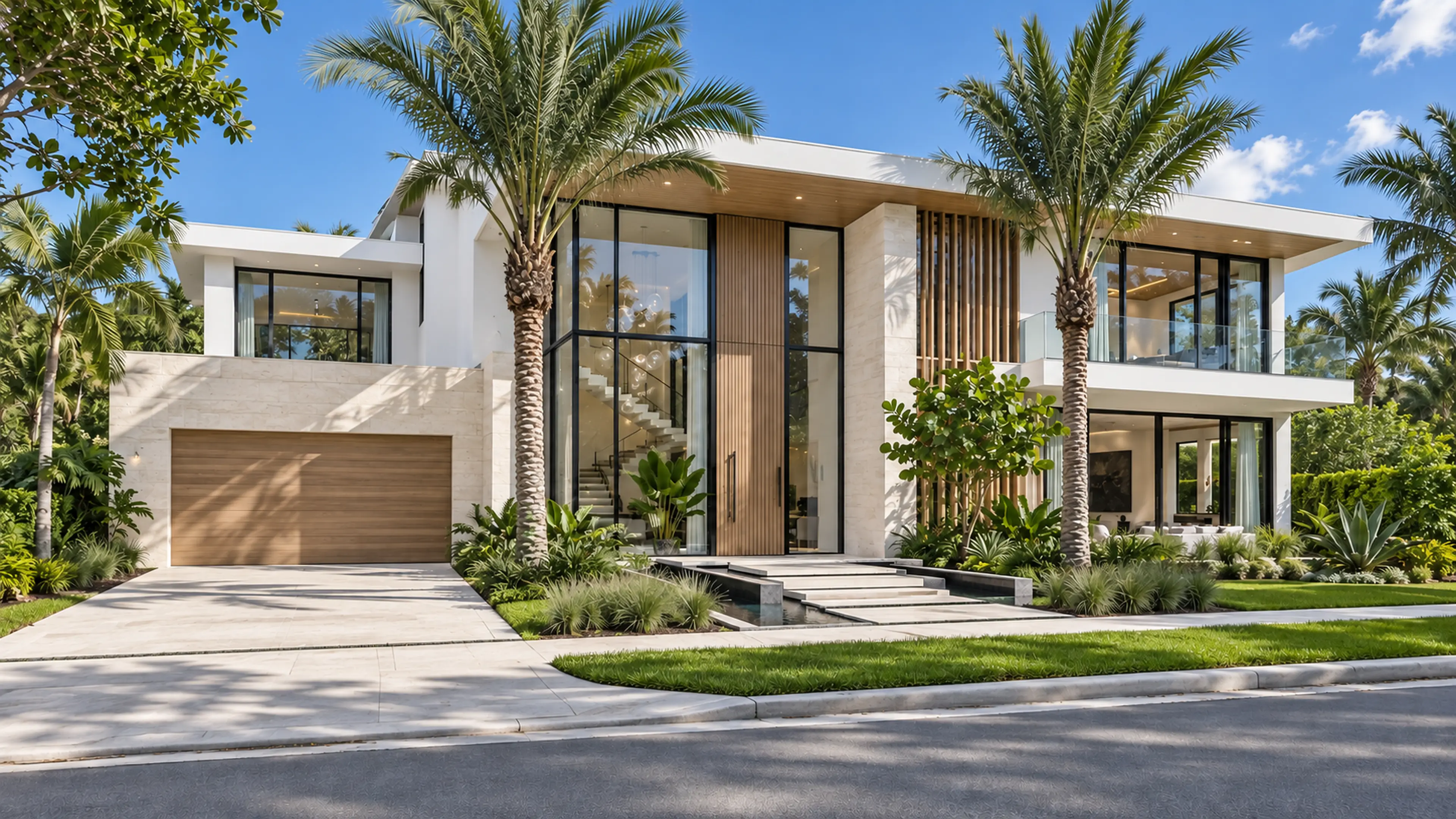 Tropical-modern Le Lac Road residence with limestone, oak screens, palms, and a double-height glass entry.