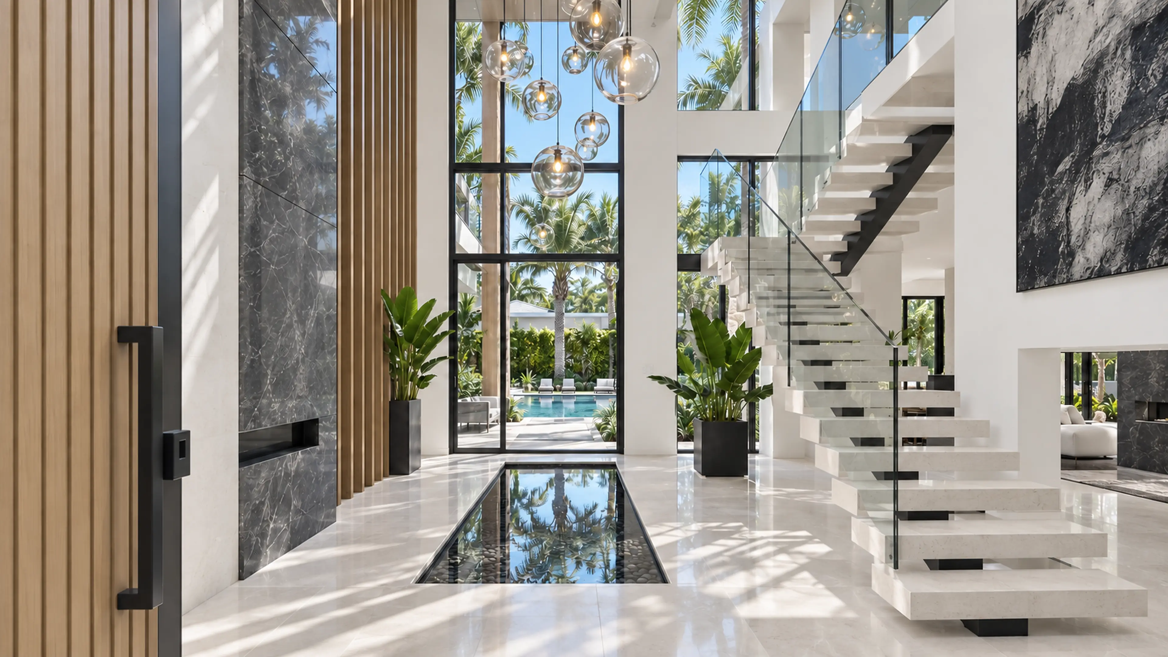 Double-height entry with a floating limestone stair, reflecting channel, oak screen, and glass globe pendant installation.