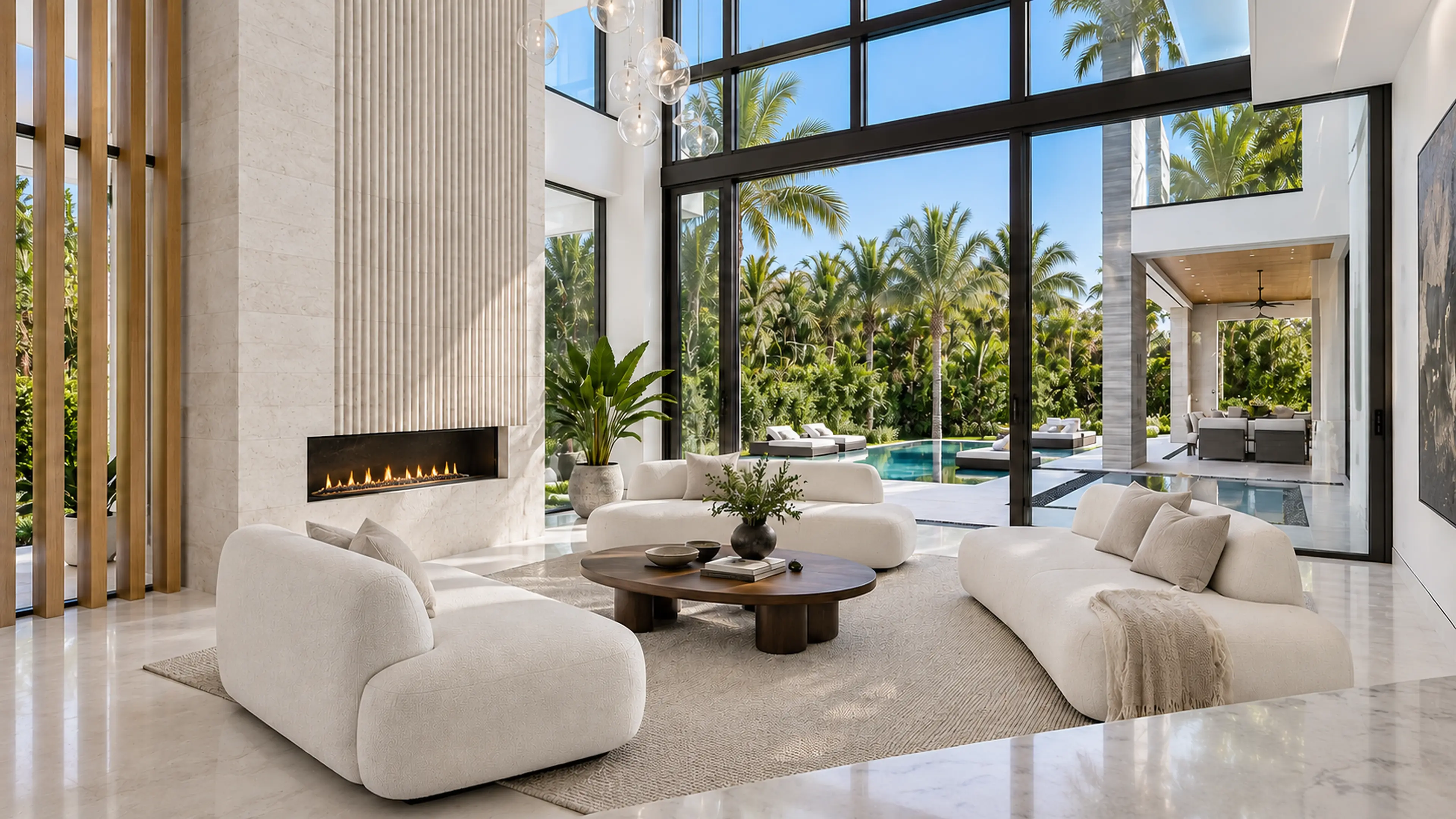 Double-height great room with cream sculptural seating, fluted limestone fireplace, oak screen, and direct views to the pool.
