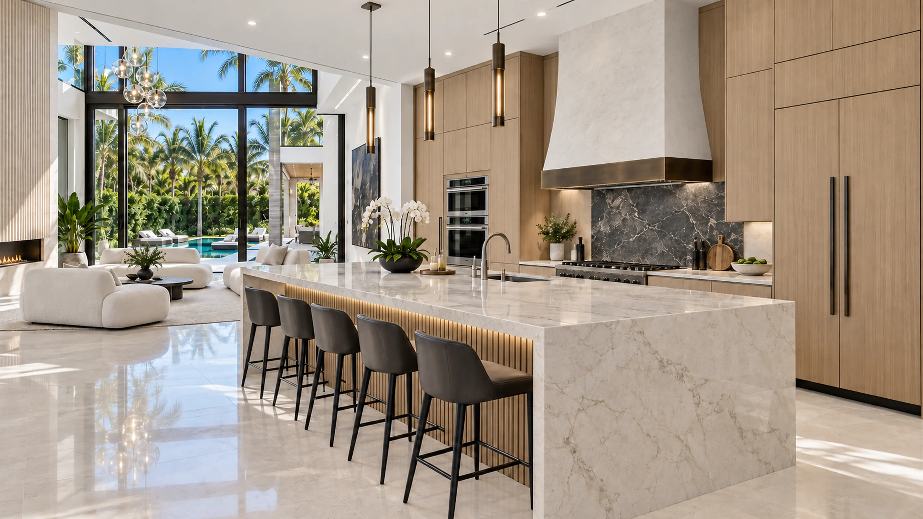Open kitchen with rift-cut oak cabinetry, an ivory quartzite island, bronze pendants, and a dark-veined stone backsplash.