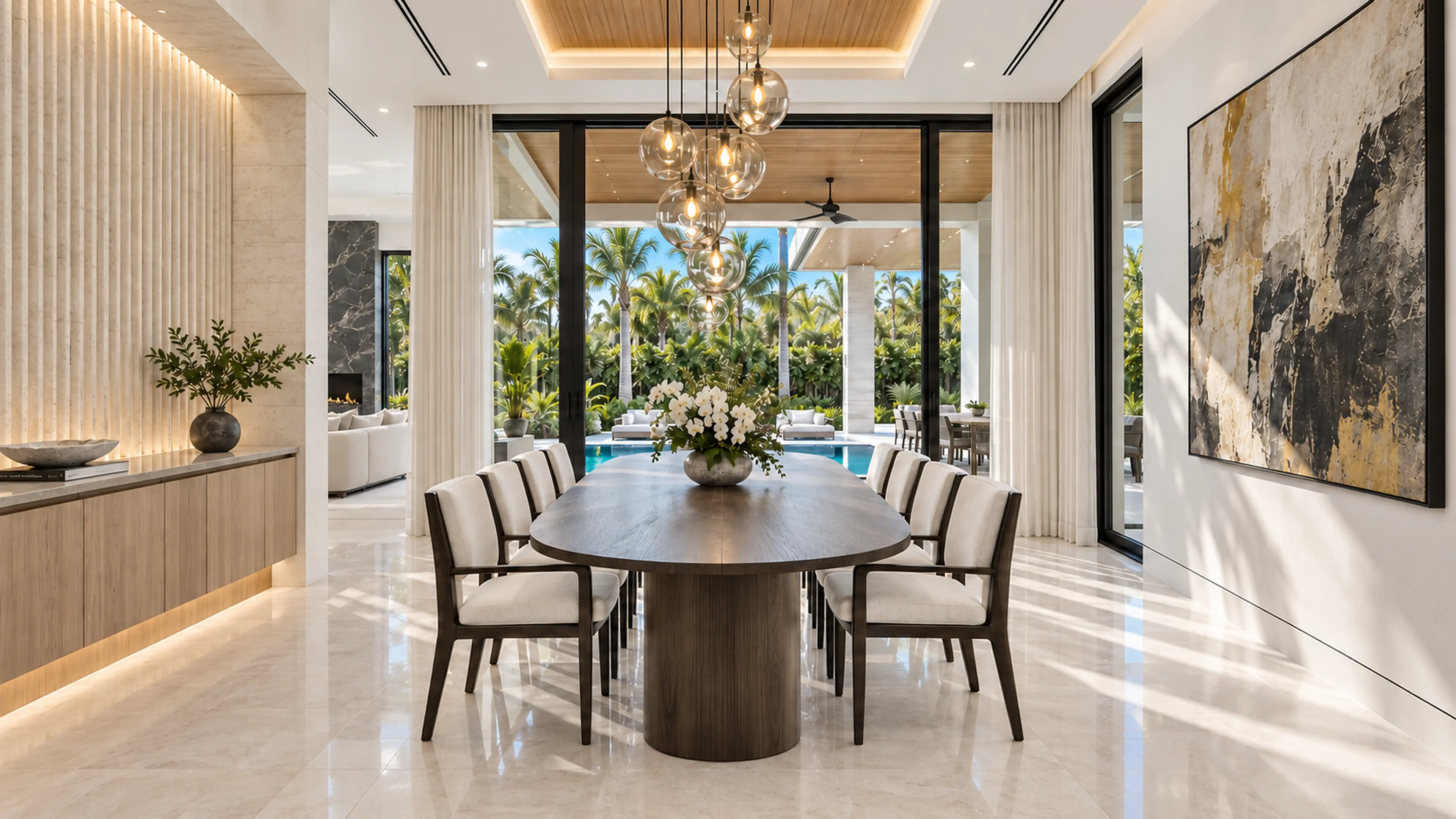 Formal dining room with a smoked-oak table, tailored upholstered chairs, glass globe pendants, and pool-courtyard views.