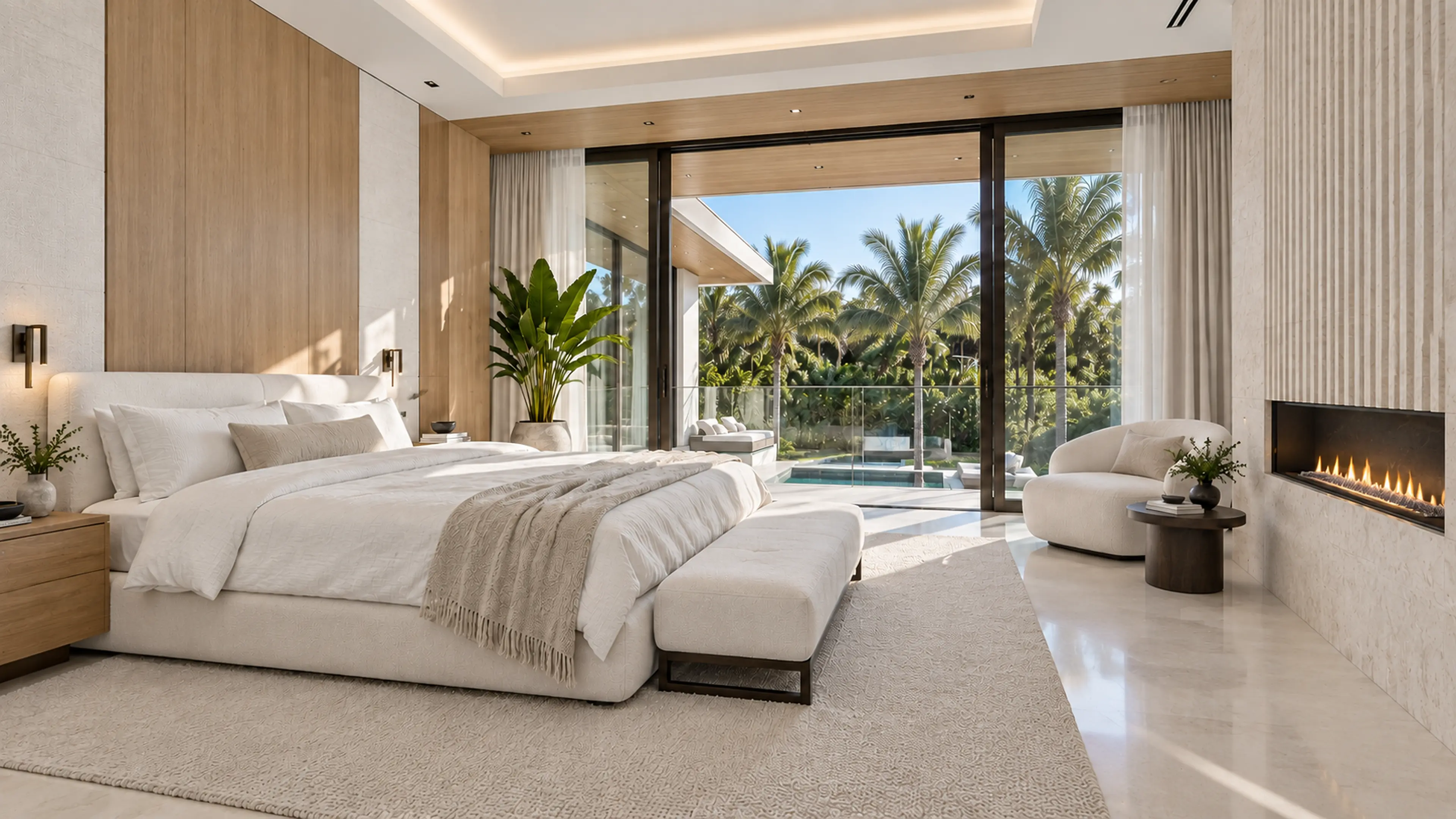 Primary bedroom with natural oak panels, a fluted limestone fireplace, cream textiles, and a private balcony overlooking palms and pool.