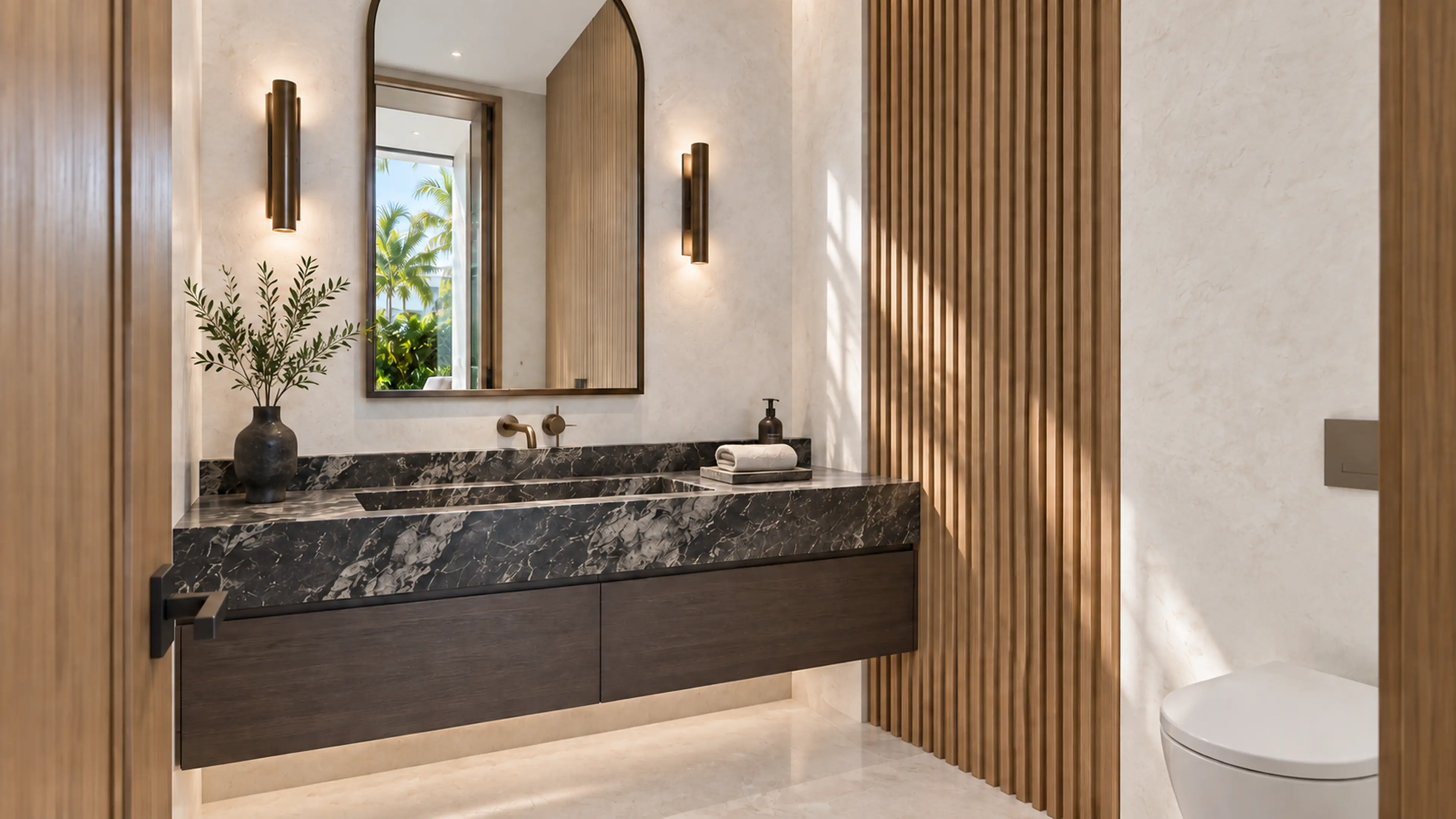 Powder room with a charcoal-stone trough basin, floating oak vanity, arched bronze mirror, lime plaster, and vertical oak screen.