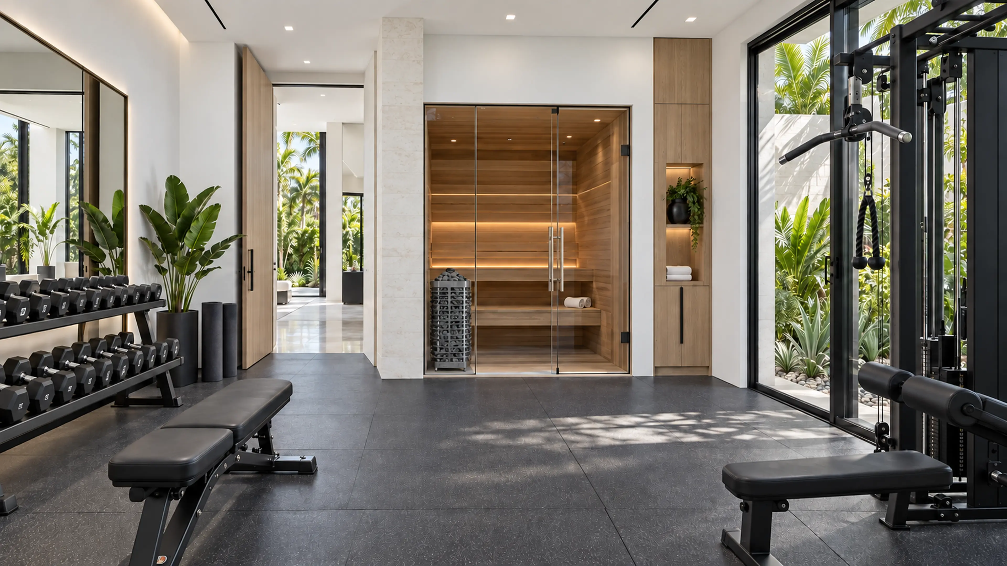Private wellness room with professional gym equipment, cedar sauna, oak storage, limestone, and a planted side courtyard.