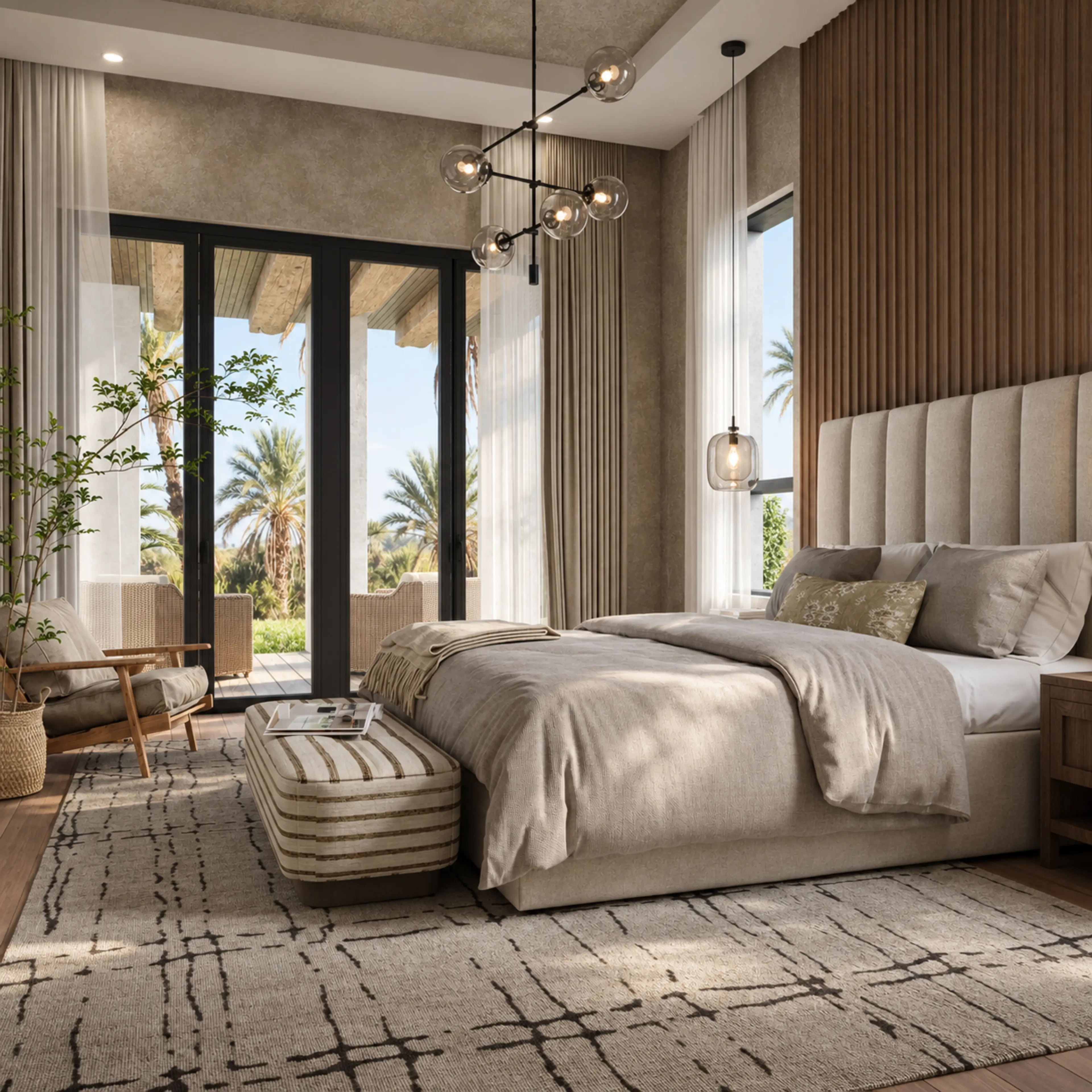 Bedroom with an upholstered headboard and large glass doors.