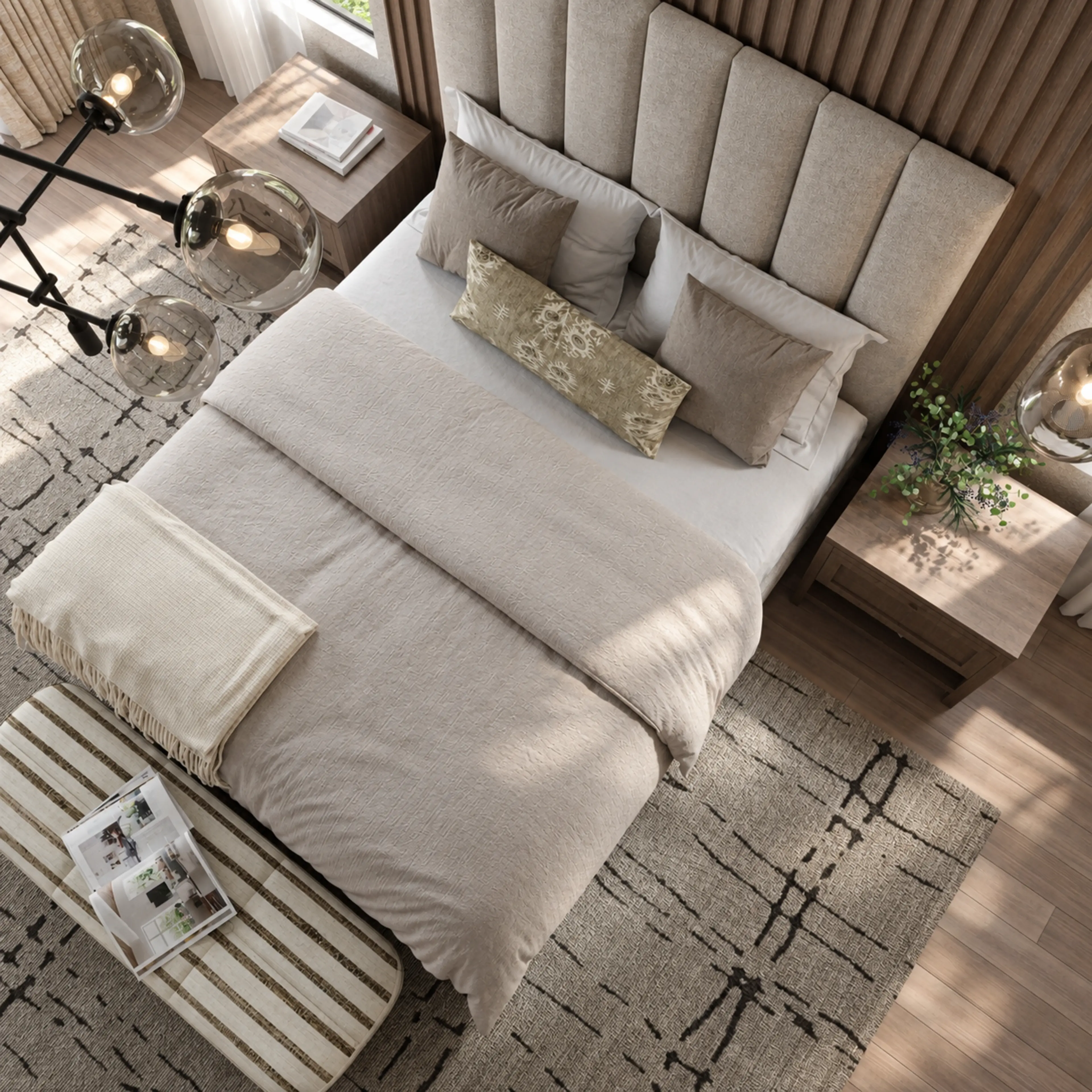Overhead bedroom view showing the bed, rug and bedside furniture.