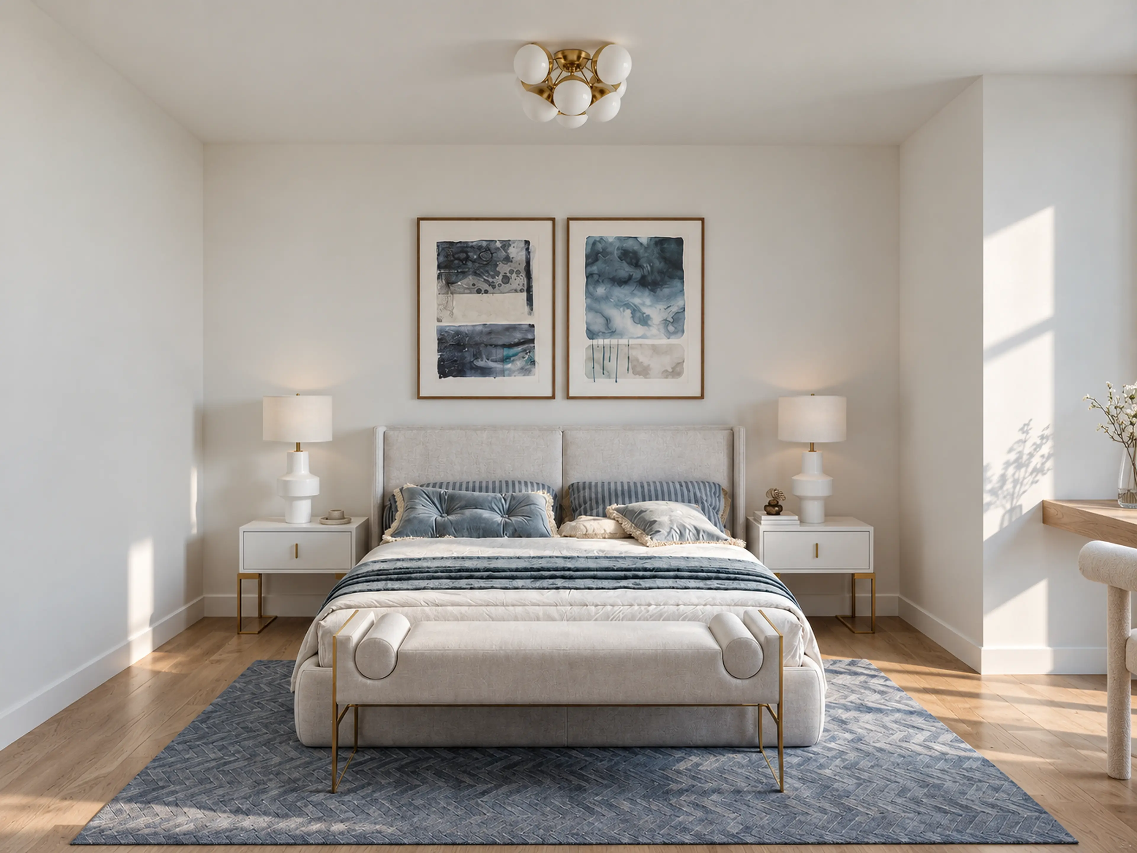 Bedroom with a pale upholstered bed and framed artwork.