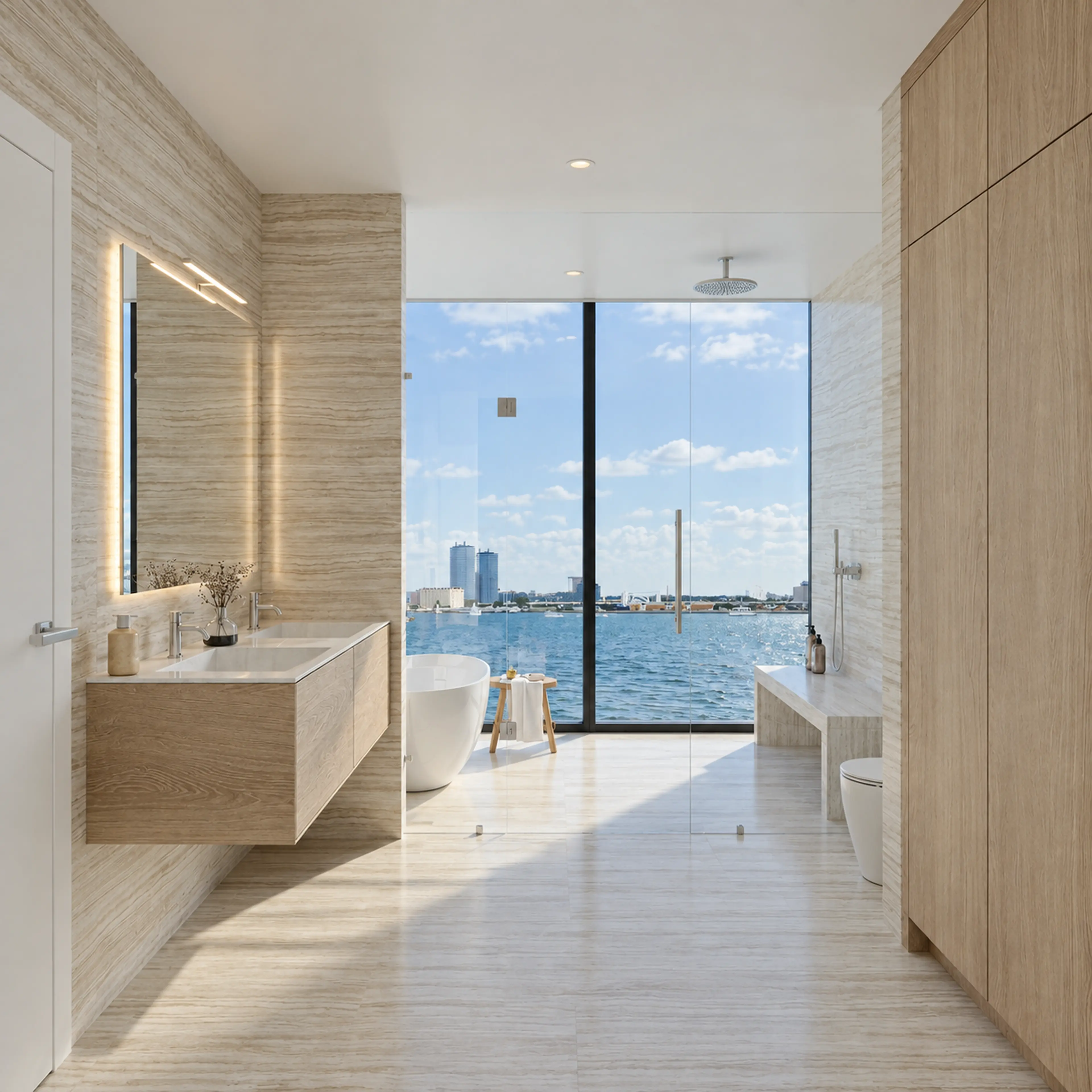 Bathroom vanity and glazing facing the waterfront.