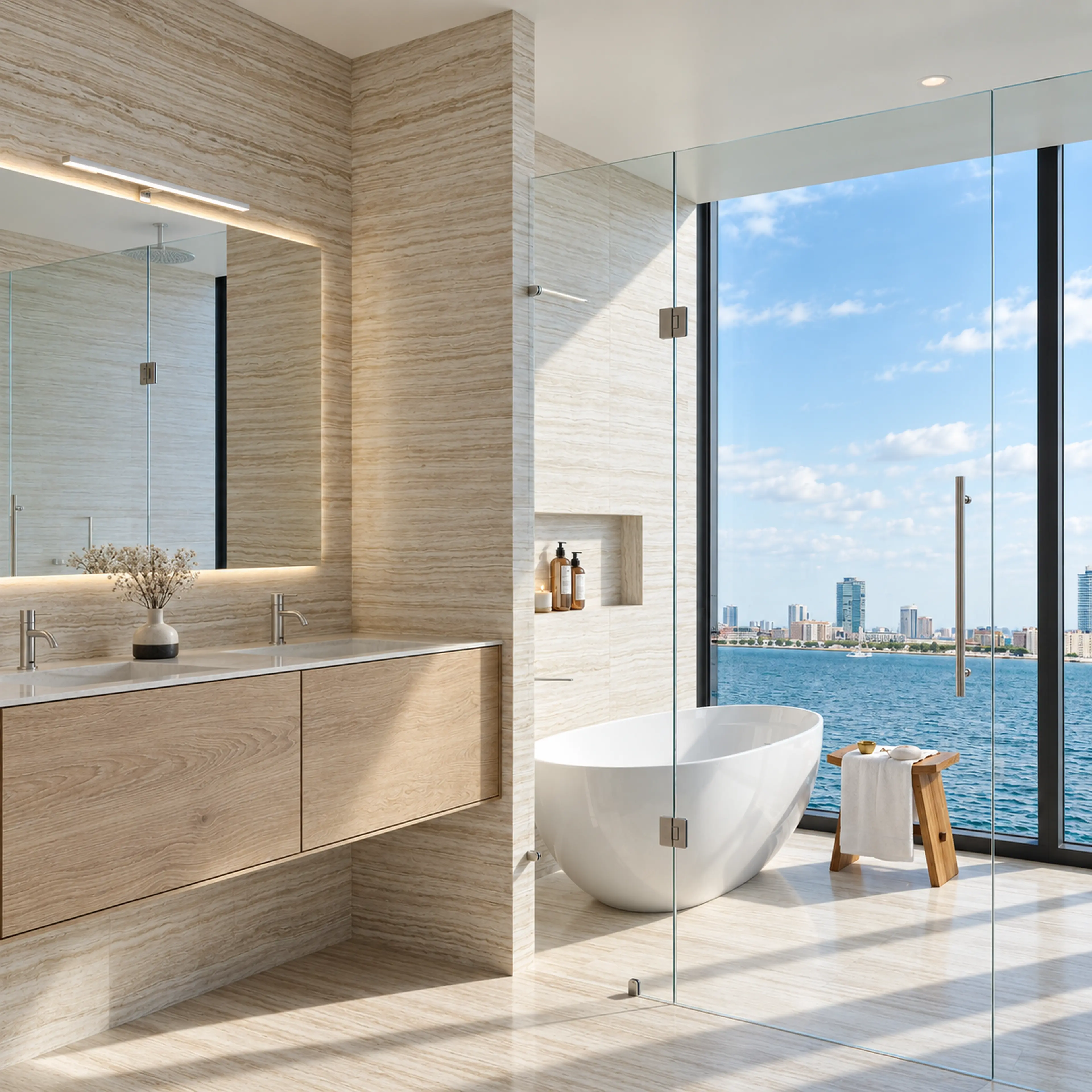 Bathroom with a freestanding tub and broad water views.