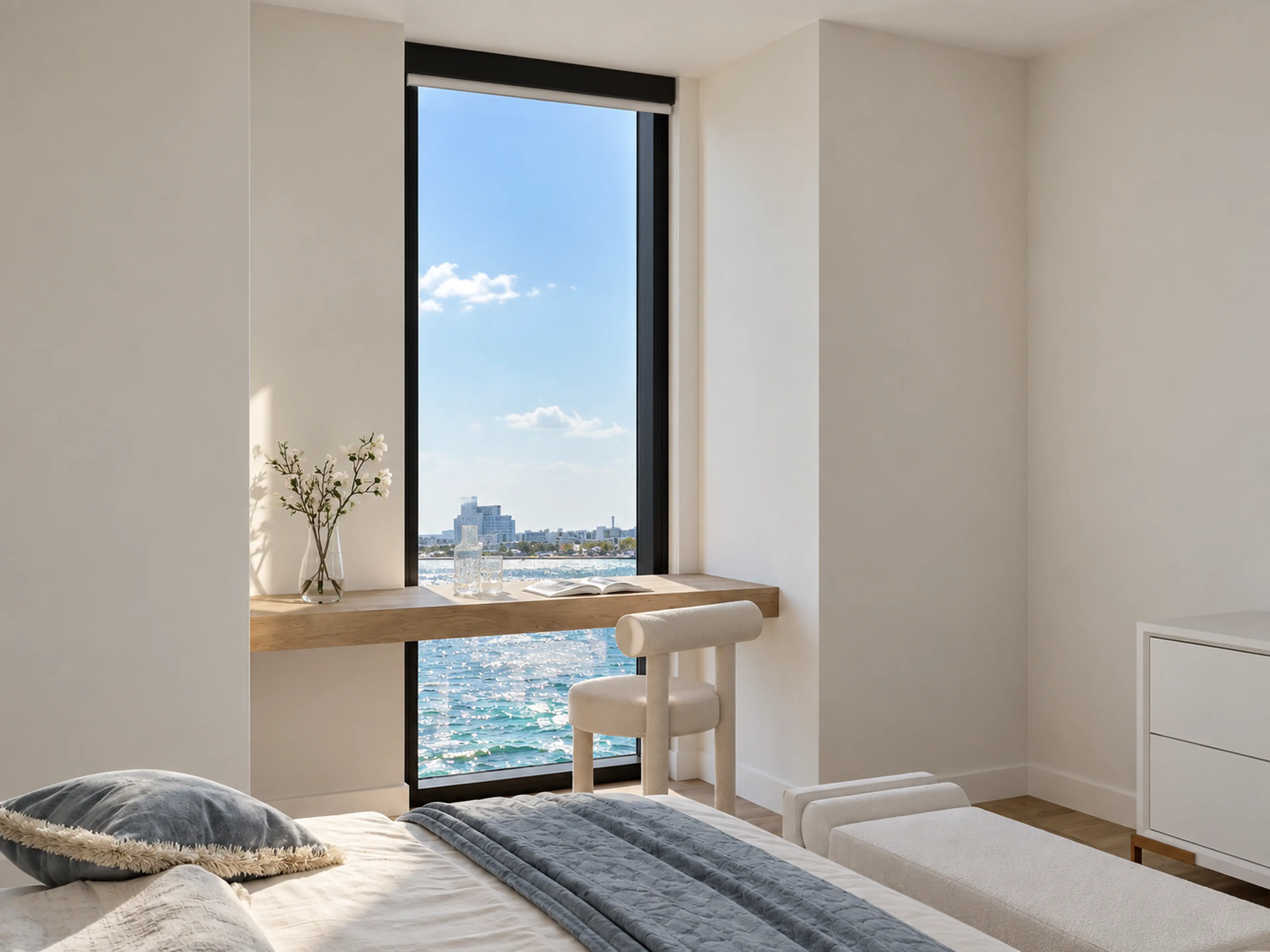 Bedroom corner with a floating desk at the waterfront window.